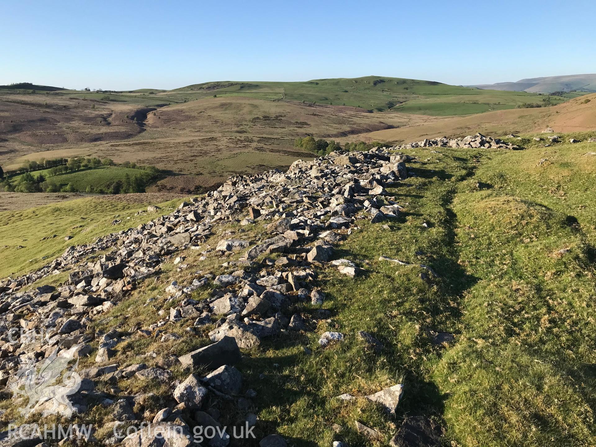 Colour photo showing detail of Castle Bank hillfort, Glasgwm, taken by Paul R. Davis, 13th May 2018.