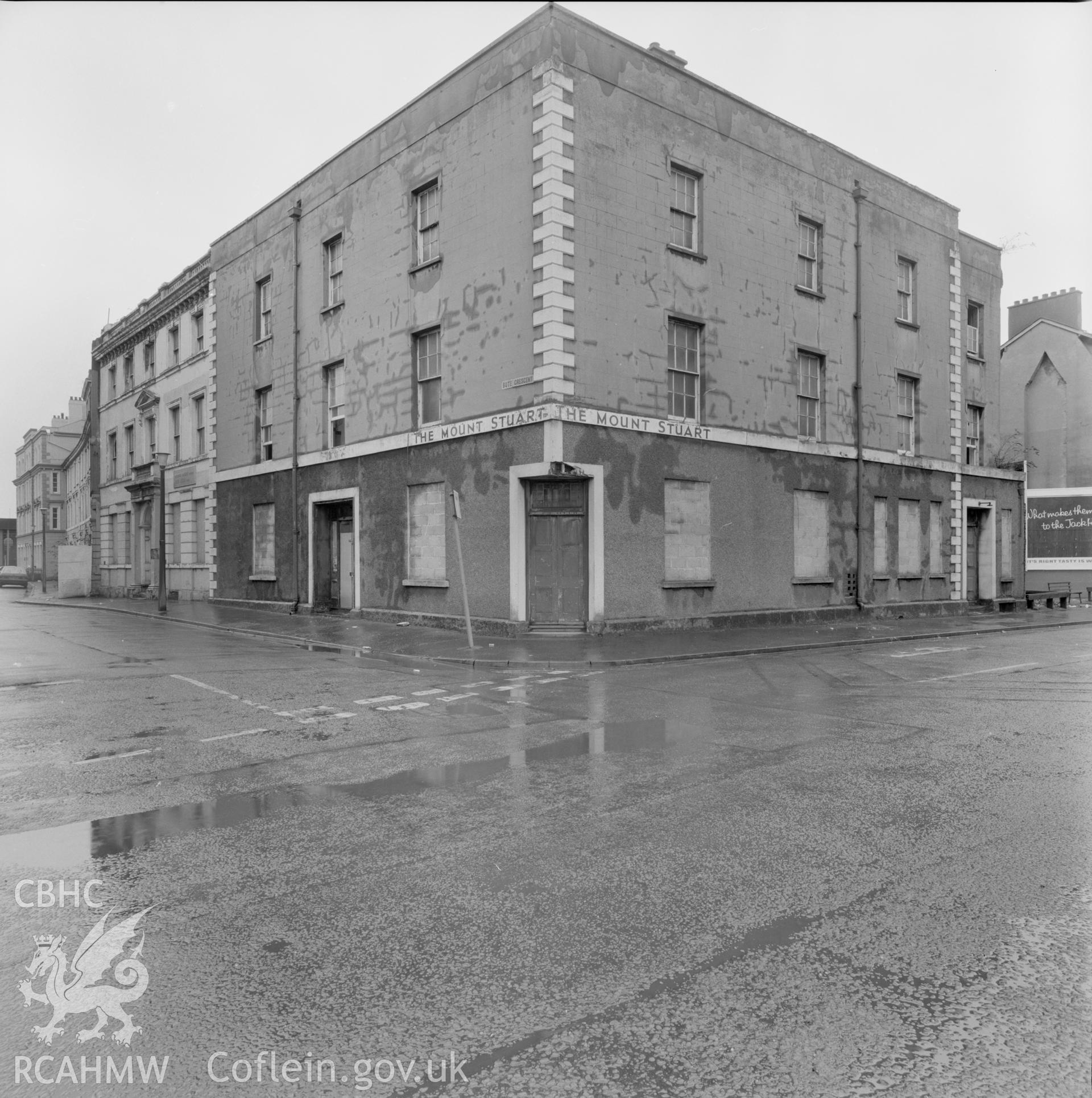 Digital copy of a black and white negative showing Mount Stuart Public House, 1 Bute Crescent, Cardiff.