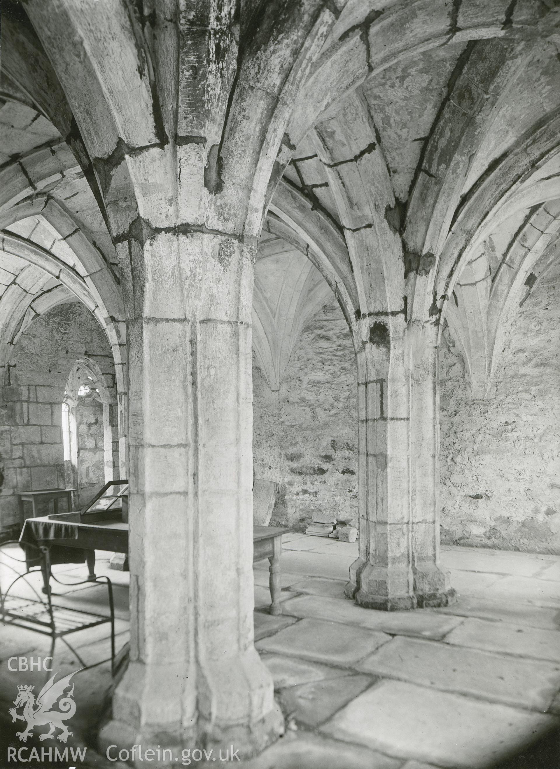 Digitised copy of a black and white photograph showing Chapter House at Valle Crucis Abbey taken by F.H. Crossley, 1948. Negative held by NMR England.