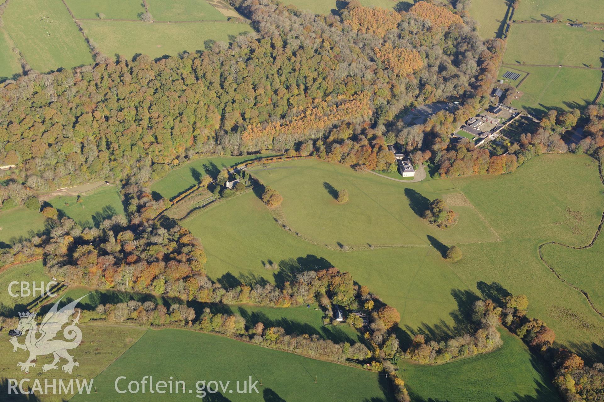 Llanerchaeron house, garden, walled garden and home farm.  Oblique aerial photograph taken during the Royal Commission's programme of archaeological aerial reconnaissance by Toby Driver on 2nd November 2015.