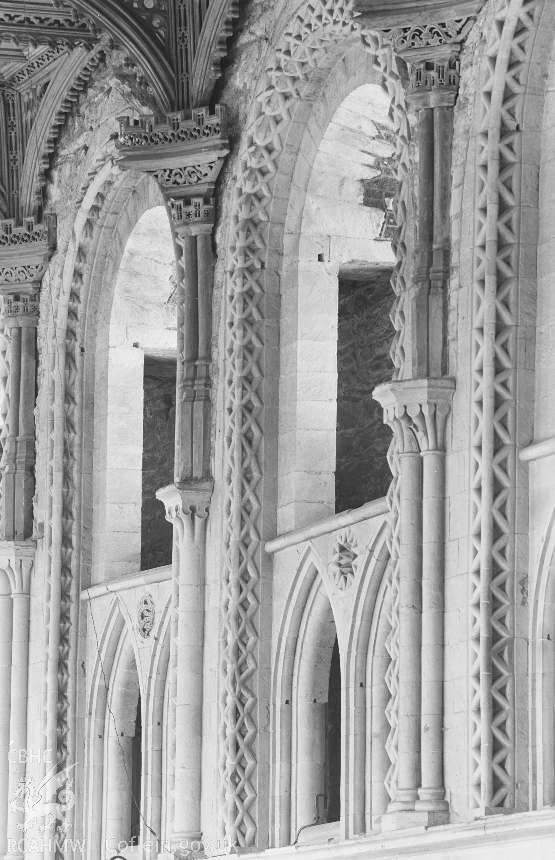 Digital copy of a black and white nitrate negative showing interior stonework decoration at St. David's Cathedral, taken by E.W. Lovegrove, July 1936