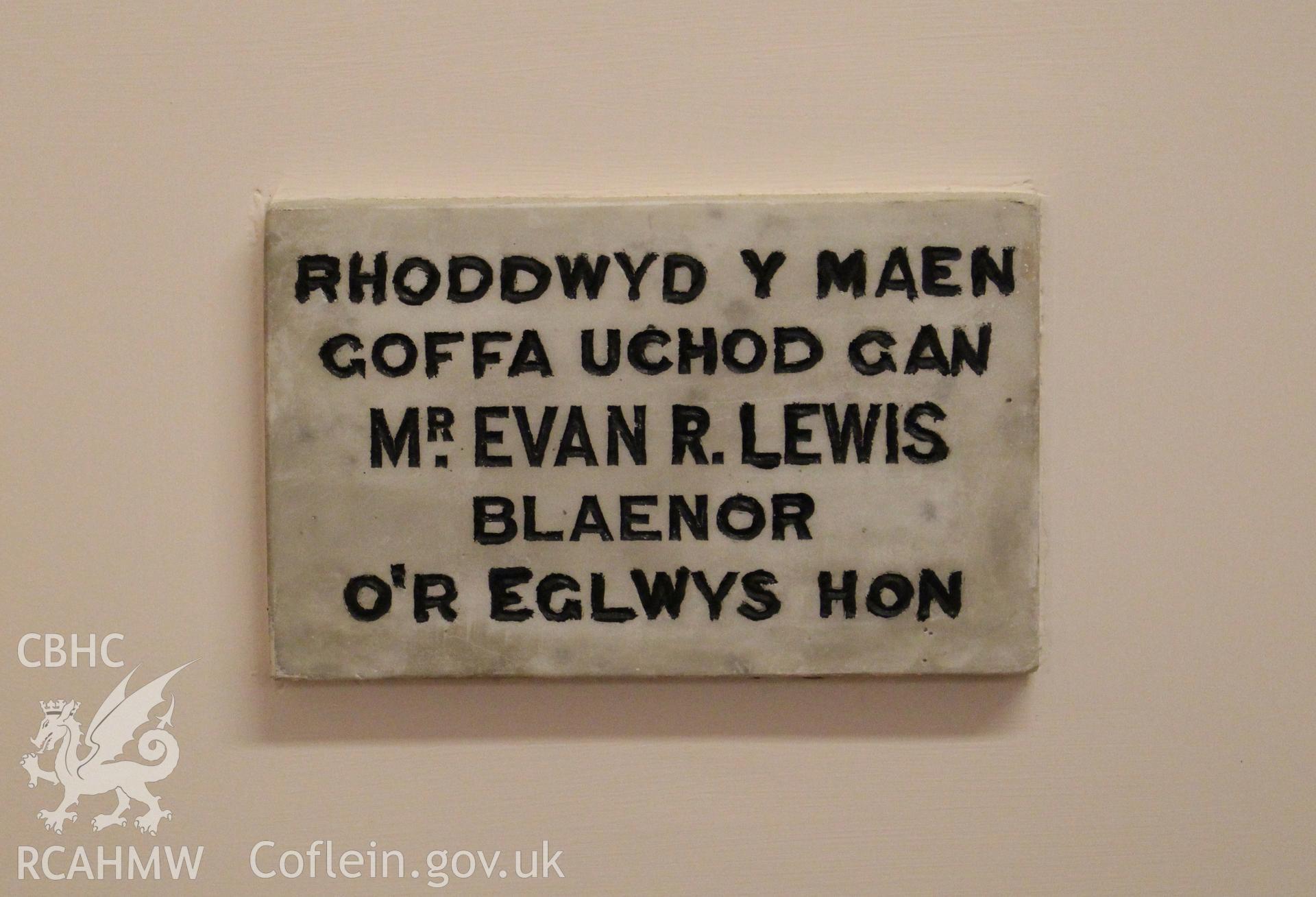Translation: THE MEMORIAL STONE ABOVE WAS DONATED BY Mr. EVAN R. LEWIS ELDER OF THIS CHURCH. Philadelphia Welsh Calvinistic Methodist Chapel, Morriston. Photographic survey conducted by Sue Fielding, 13th May 2017.