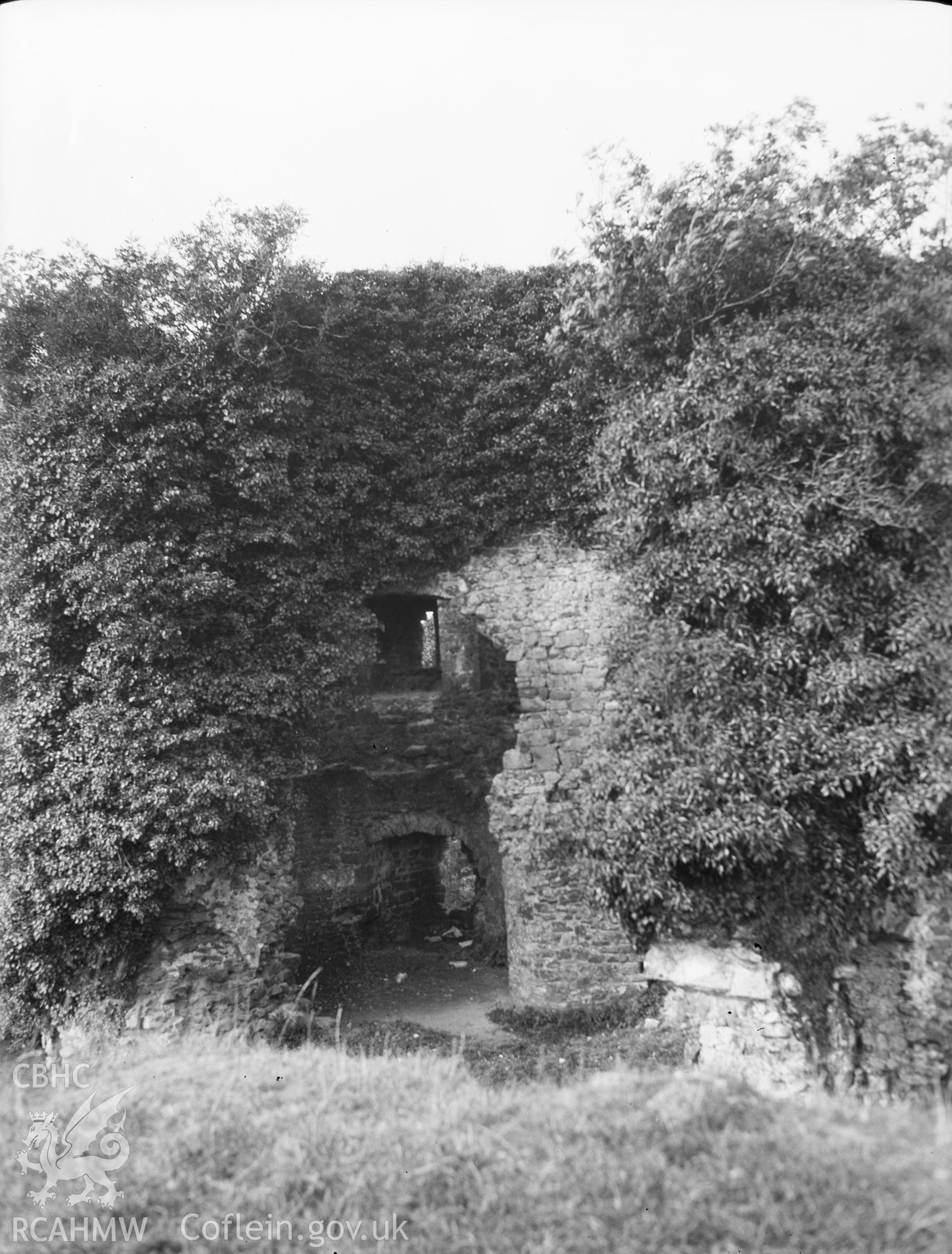 Digital copy of a nitrate negative showing view of Narberth Castle ruins. From the National Building Record Postcard Collection. From the National Building Record Postcard Collection.