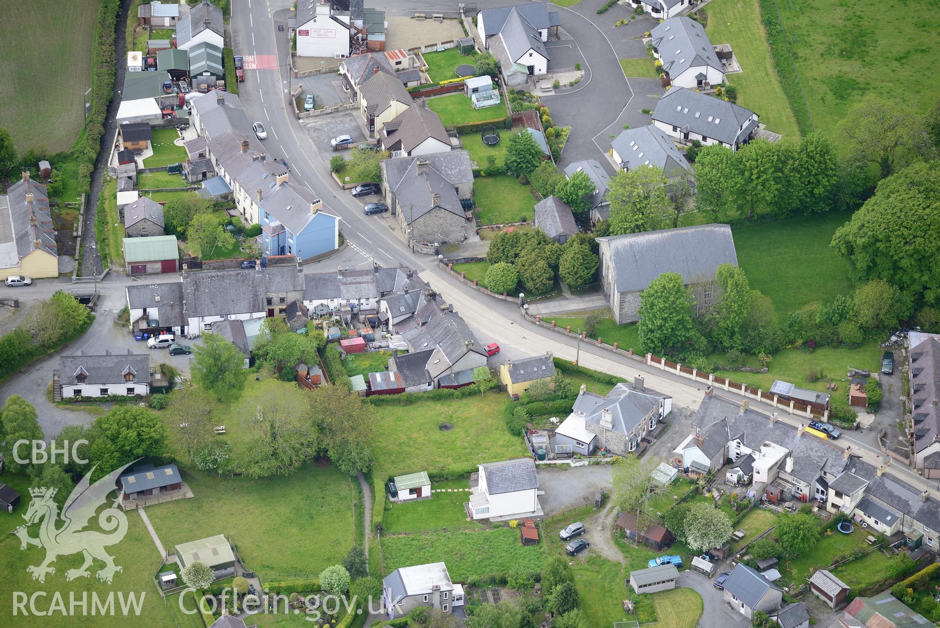 Bethania Calvinistic Methodist Chapel and Sunday School, Pontrhydfendigaid. Oblique aerial photograph taken during the Royal Commission's programme of archaeological aerial reconnaissance by Toby Driver on 3rd June 2015.