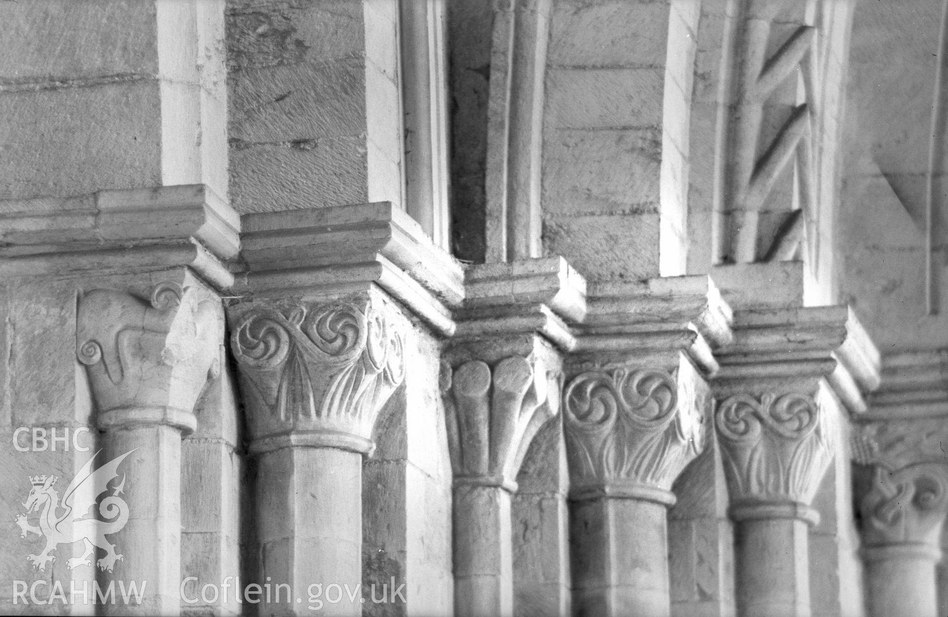Digital copy of a black and white acetate negative showing detail of capital at St. David's Cathedral, taken by E.W. Lovegrove, July 1936