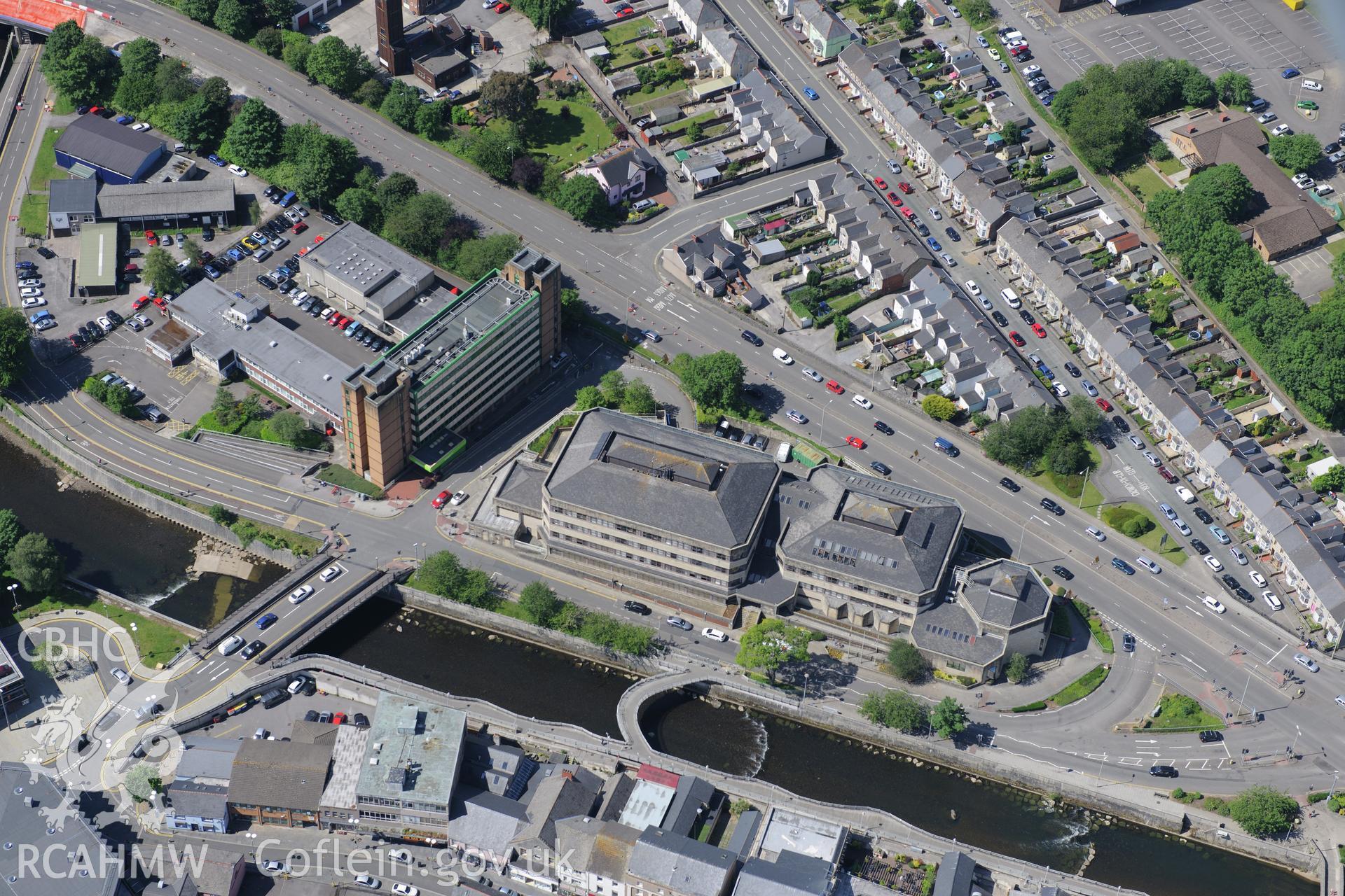Bridgend County Borough Council Civic Offices and other government offices, Bridgend. Oblique aerial photograph taken during the Royal Commission's programme of archaeological aerial reconnaissance by Toby Driver on 19th June 2015.