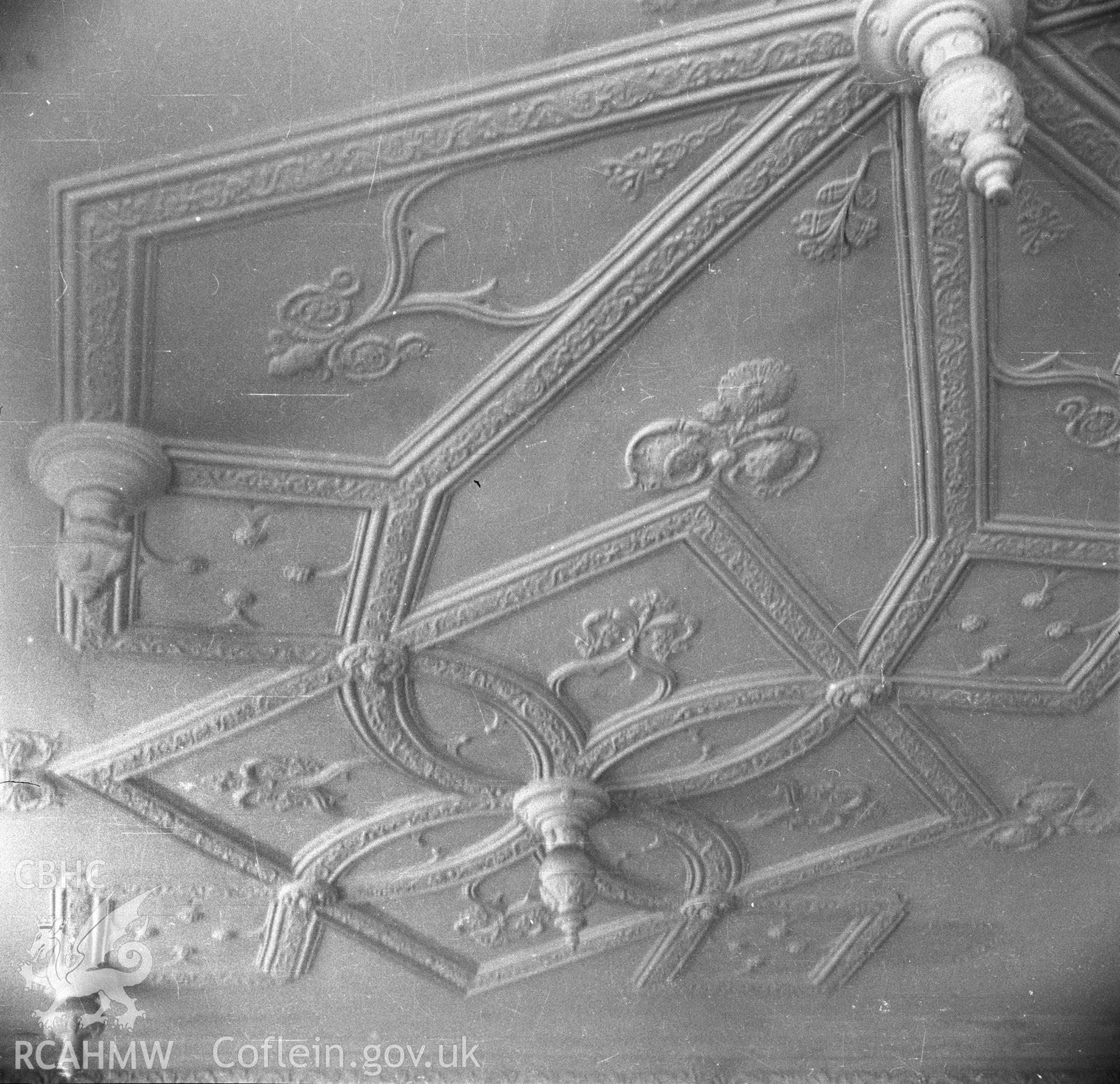 Digital copy of an undated nitrate negative showing a view of plaster ceiling at Treowen, Monmouthshire.