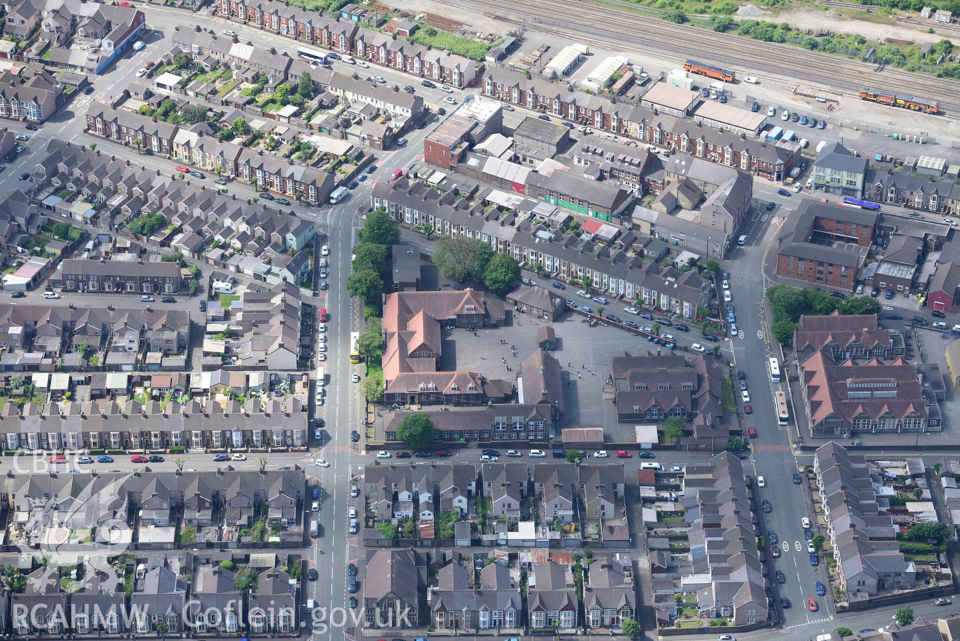 Central Junior school and Dyffryn Comprehensive lower school, with Grange Street Independent Chapel at Port Talbot. Oblique aerial photograph taken during the Royal Commission's programme of archaeological aerial reconnaissance by Toby Driver on 19th June 2015.