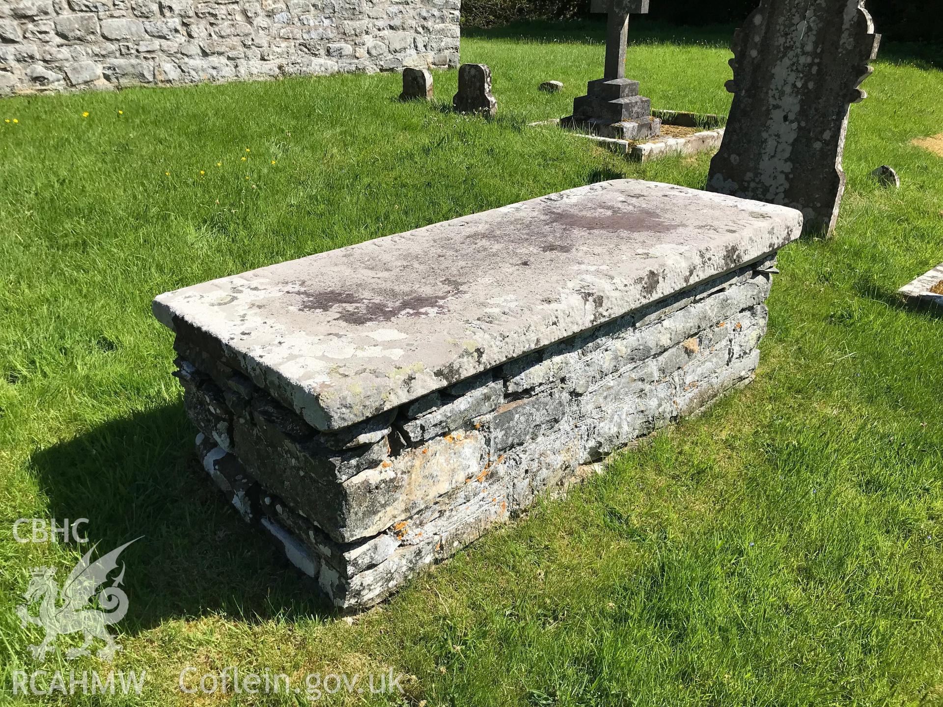 Colour photo showing St. Afan's Tomb in the graveyard at the church of St. Afan, Llanafanfawr, taken by Paul R. Davis, 19th May 2018.