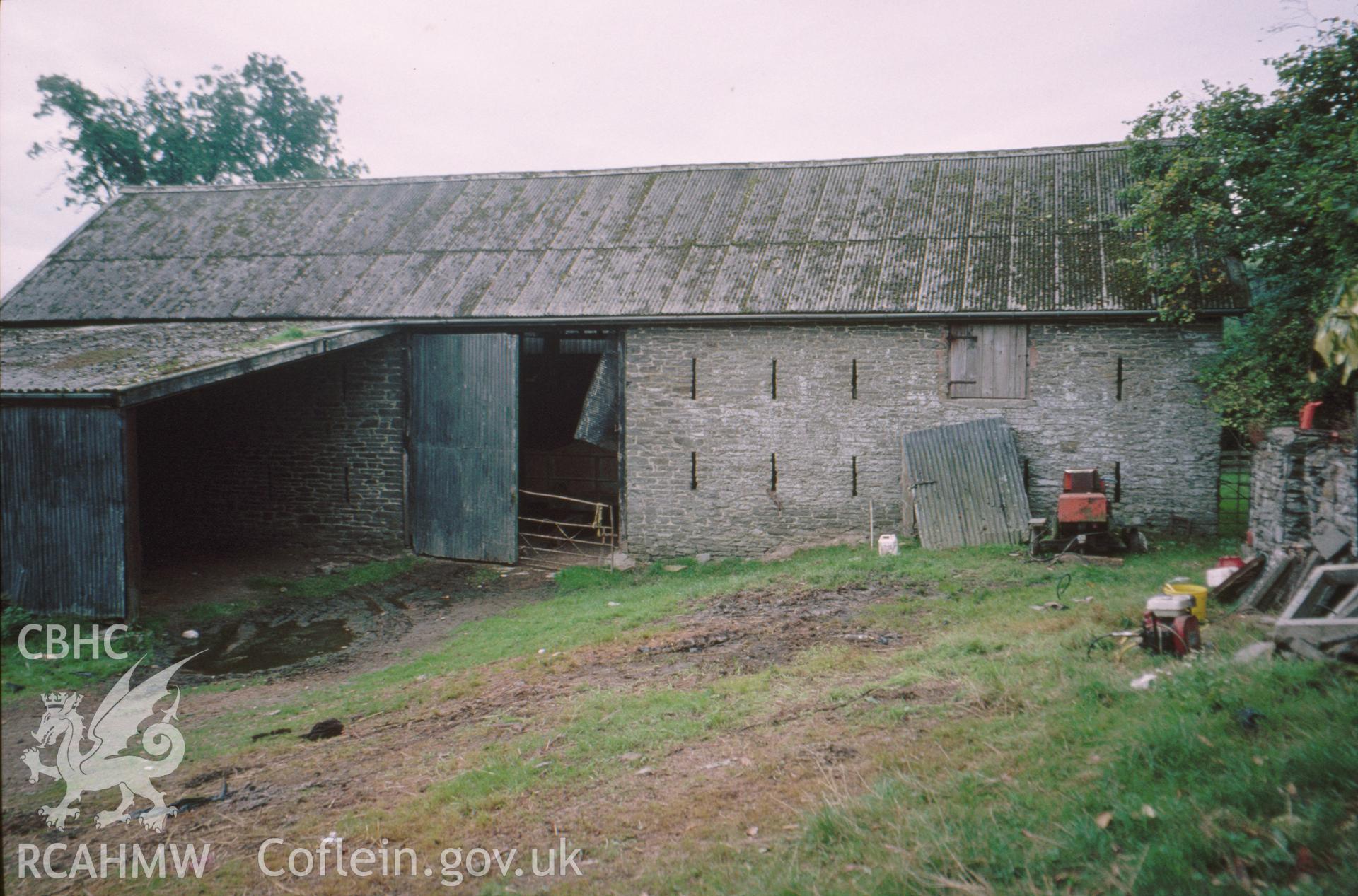 Digital copy of a colour slide showing an exterior view of Pilleth Court Farm Building.