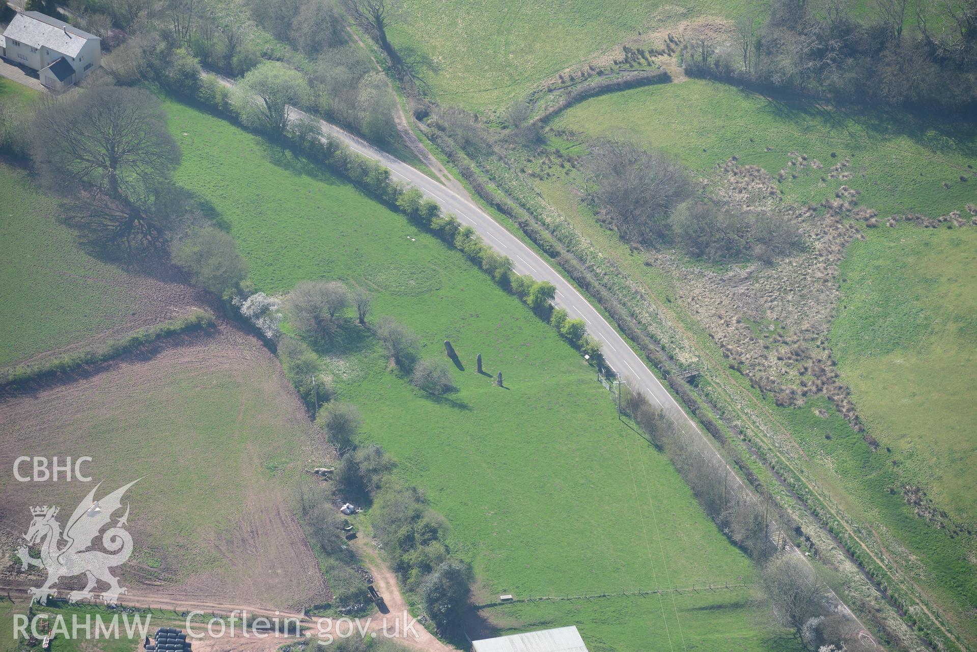 Harold's Stones, Trellech. Oblique aerial photograph taken during the Royal Commission's programme of archaeological aerial reconnaissance by Toby Driver on 21st April 2015.
