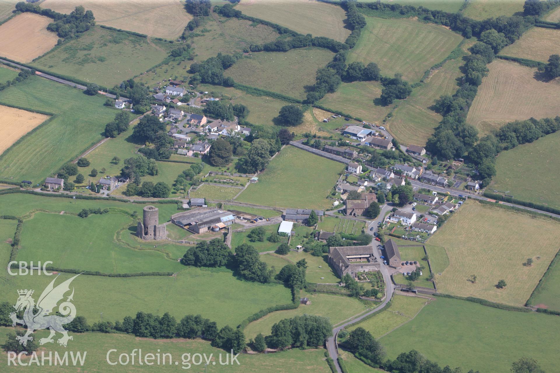 St. John's church; Zoar Independent Chapel; Tretower Shrunken Settlement; Tretower Castle, Court and Court Barn and Ty Llys Farm, Tretower, between Abergavenny and Brecon. Oblique aerial photograph taken during Royal Commission?s programme of archaeological aerial reconnaissance by Toby Driver on 1st August 2013.