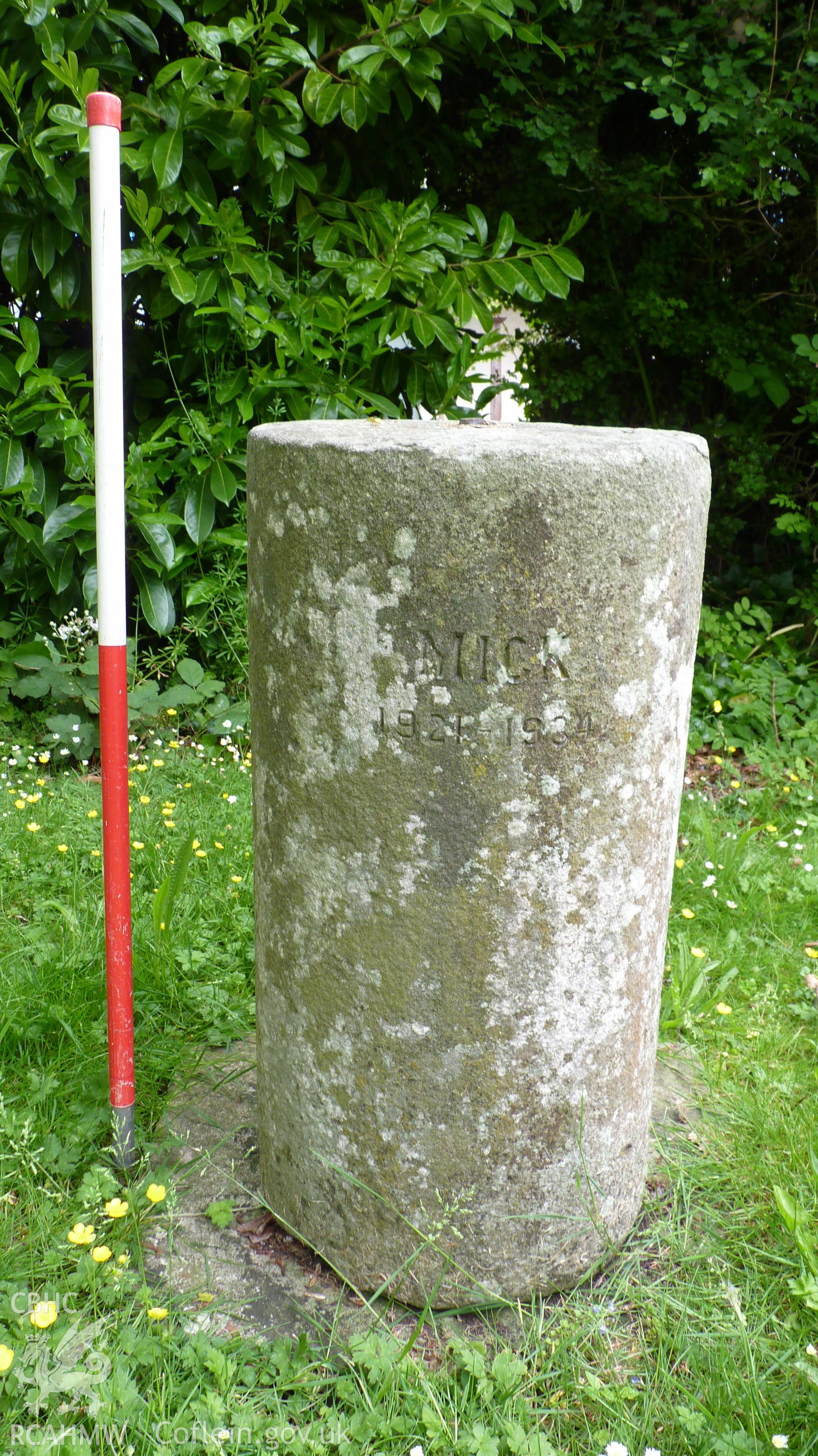 'Monument at northern end of front lawn, engraved "Mick, 1921-1934." 1m scale.' Photographed as part of archaeological work at Coed Parc, Newcastle, Bridgend, carried out by Archaeology Wales, 2016. Project no. P2432.