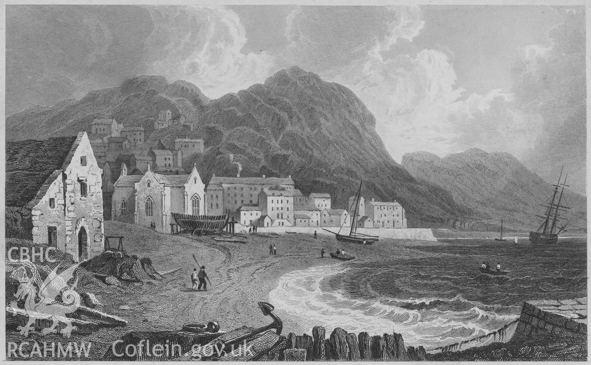 Digital copy of an early engraving of Barmouth/Abermaw.