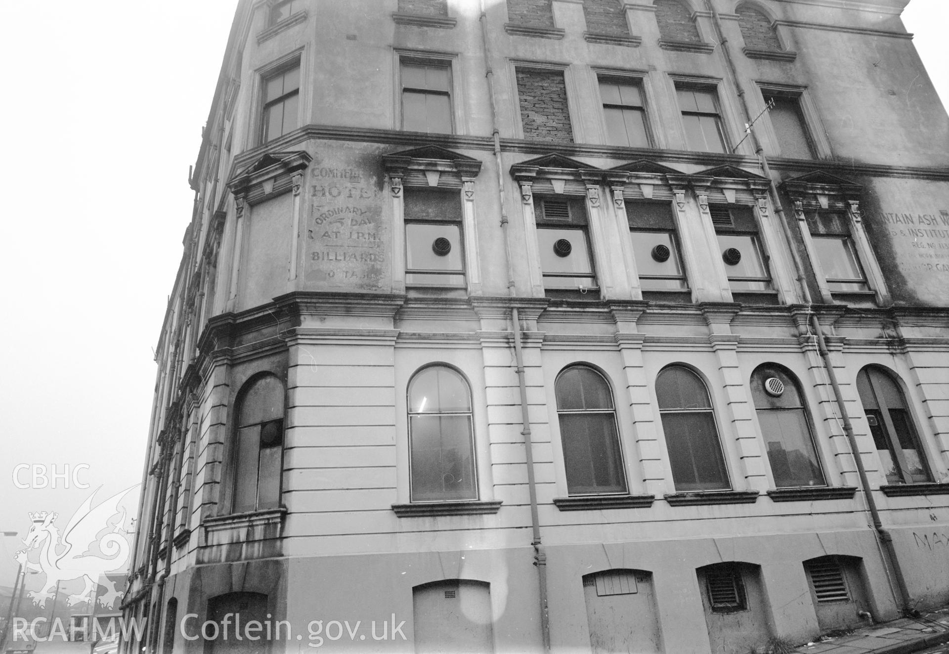 Digital copy of a black and white negative showing an exterior view of the Grand Hotel, Mountain Ash.