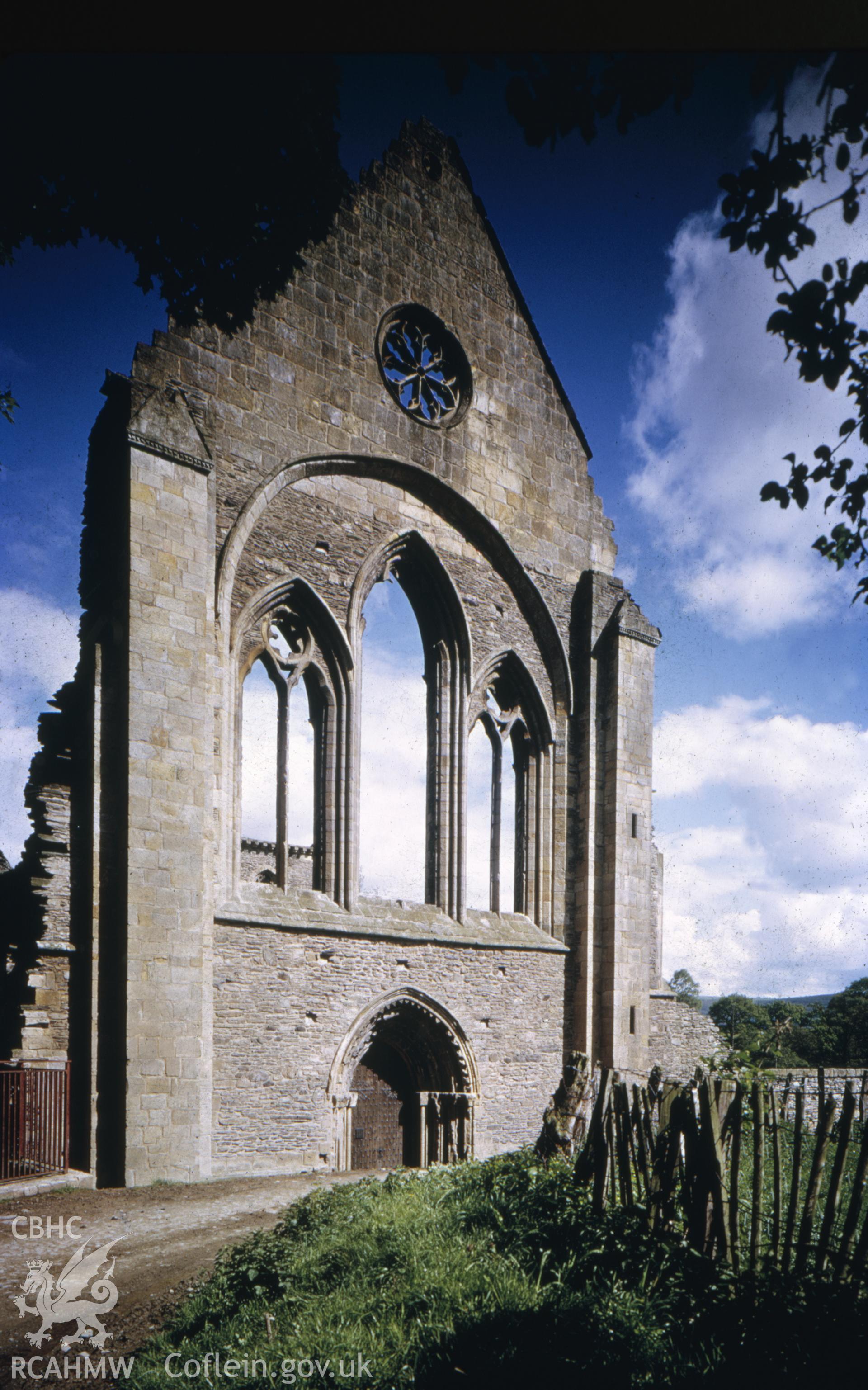 Digital copy of a colour transparency showing the west front of Valle Crucis, taken by Lawrence Butler.