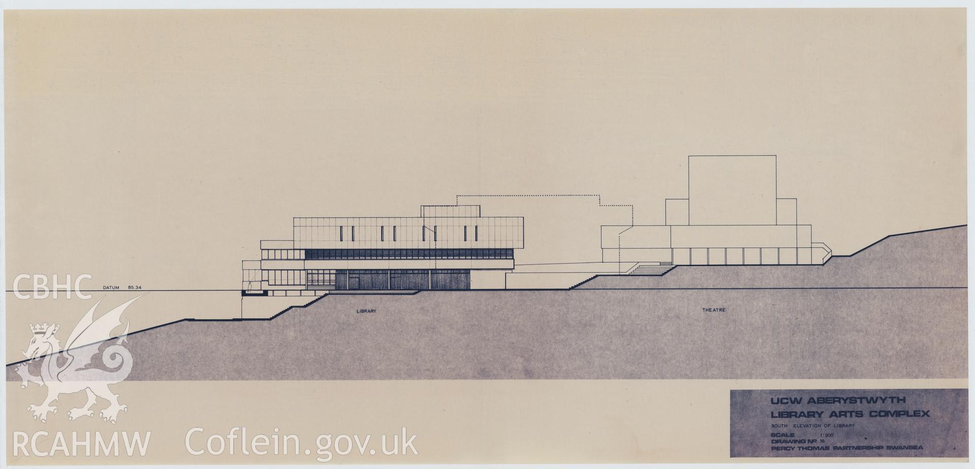 Digital copy of Drawing No 16, South Elevation of Library at the proposed Library Arts Complex at University College Aberystwyth, produced by Percy Thomas Partnership. Scale 1:200.