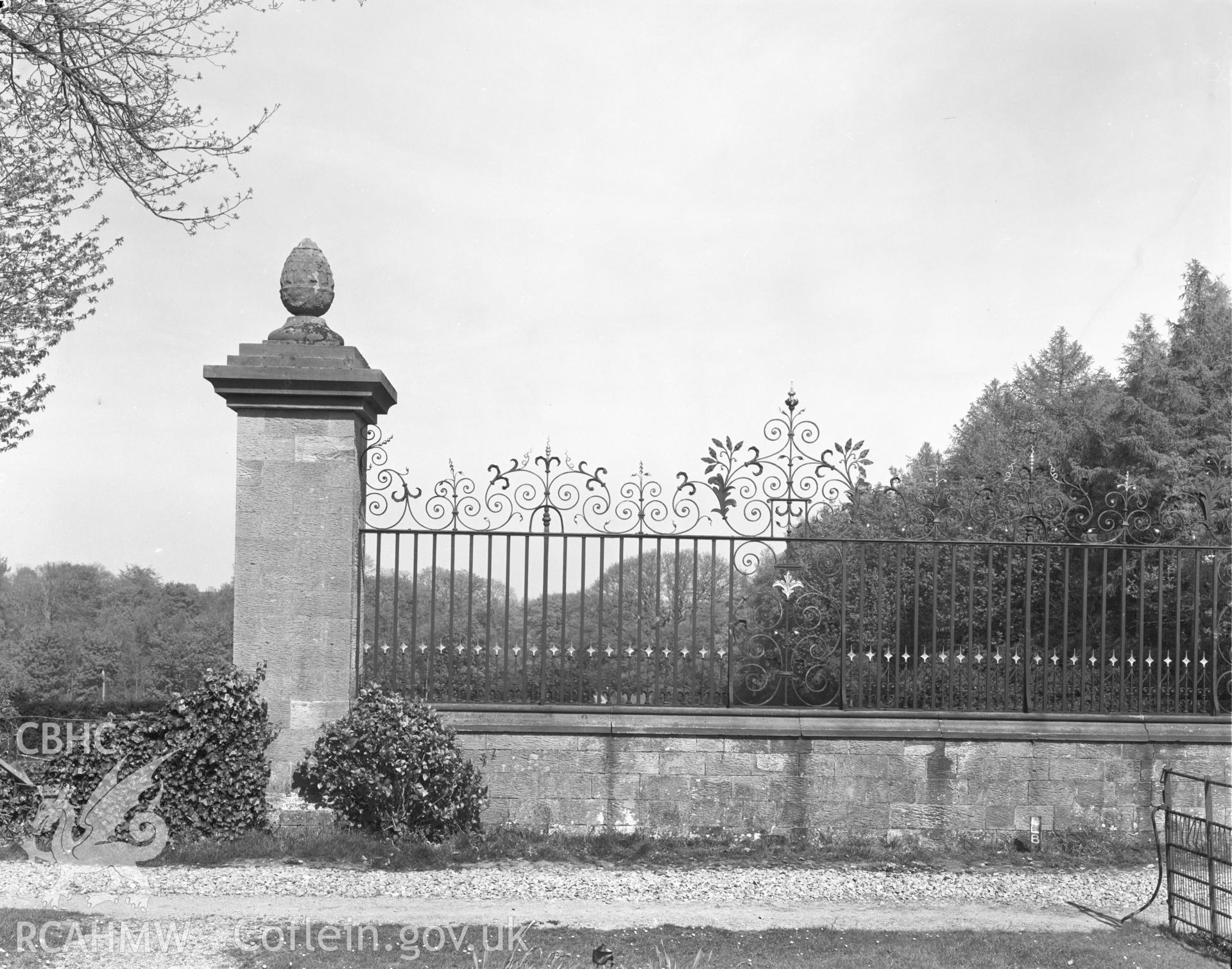 Digital copy of an acetate negative showing view of Chirk Castle gates taken by Department of Environment in 1977.