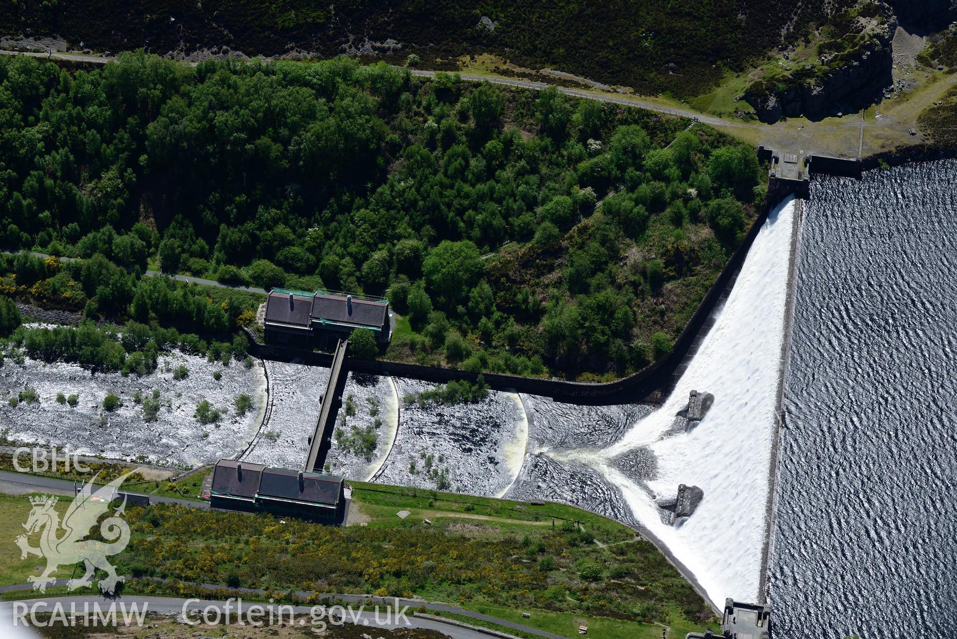 Caban Coch Dam, Reservoir and hydro electric stations, Elan Valley Water Scheme. Oblique aerial photograph taken during the Royal Commission's programme of archaeological aerial reconnaissance by Toby Driver on 3rd June 2015.