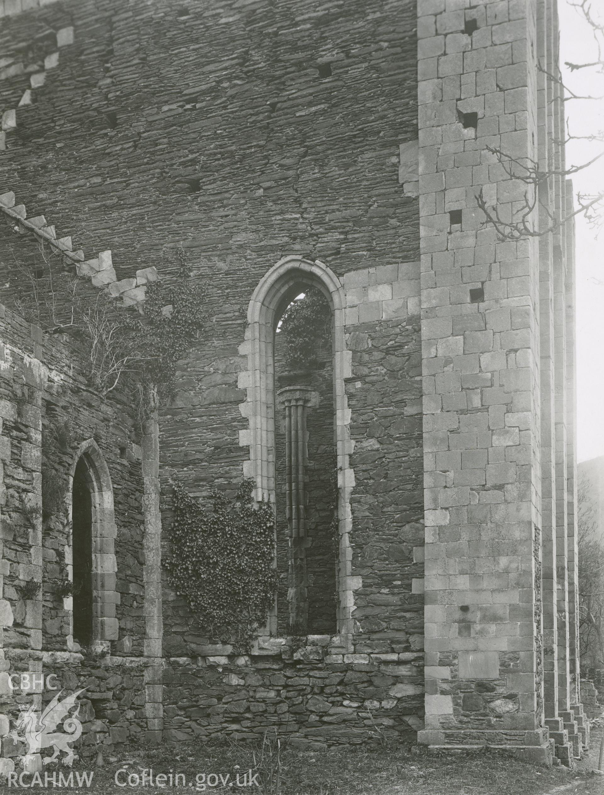 Digitised copy of a black and white photograph showing door S.E. corner at Valle Crucis Abbey, taken by F.H. Crossley, 1949. Copied from print as negative held by NMR England (Historic England).