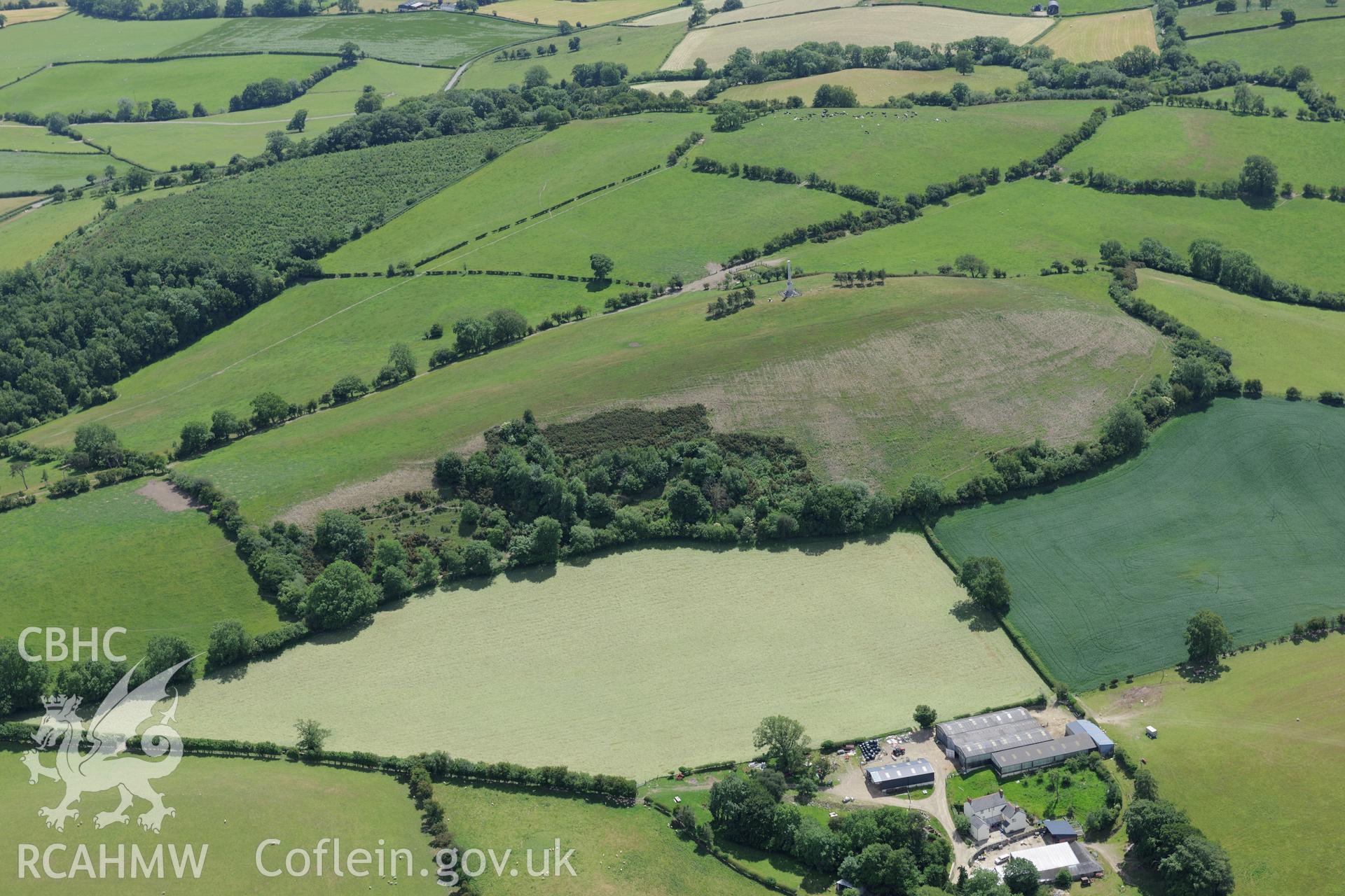 Montgomeryshire war memorial and a possible prehistoric defenced enclosure at Town Hill, Montgomery. Oblique aerial photograph taken during the Royal Commission's programme of archaeological aerial reconnaissance by Toby Driver on 30th June 2015.