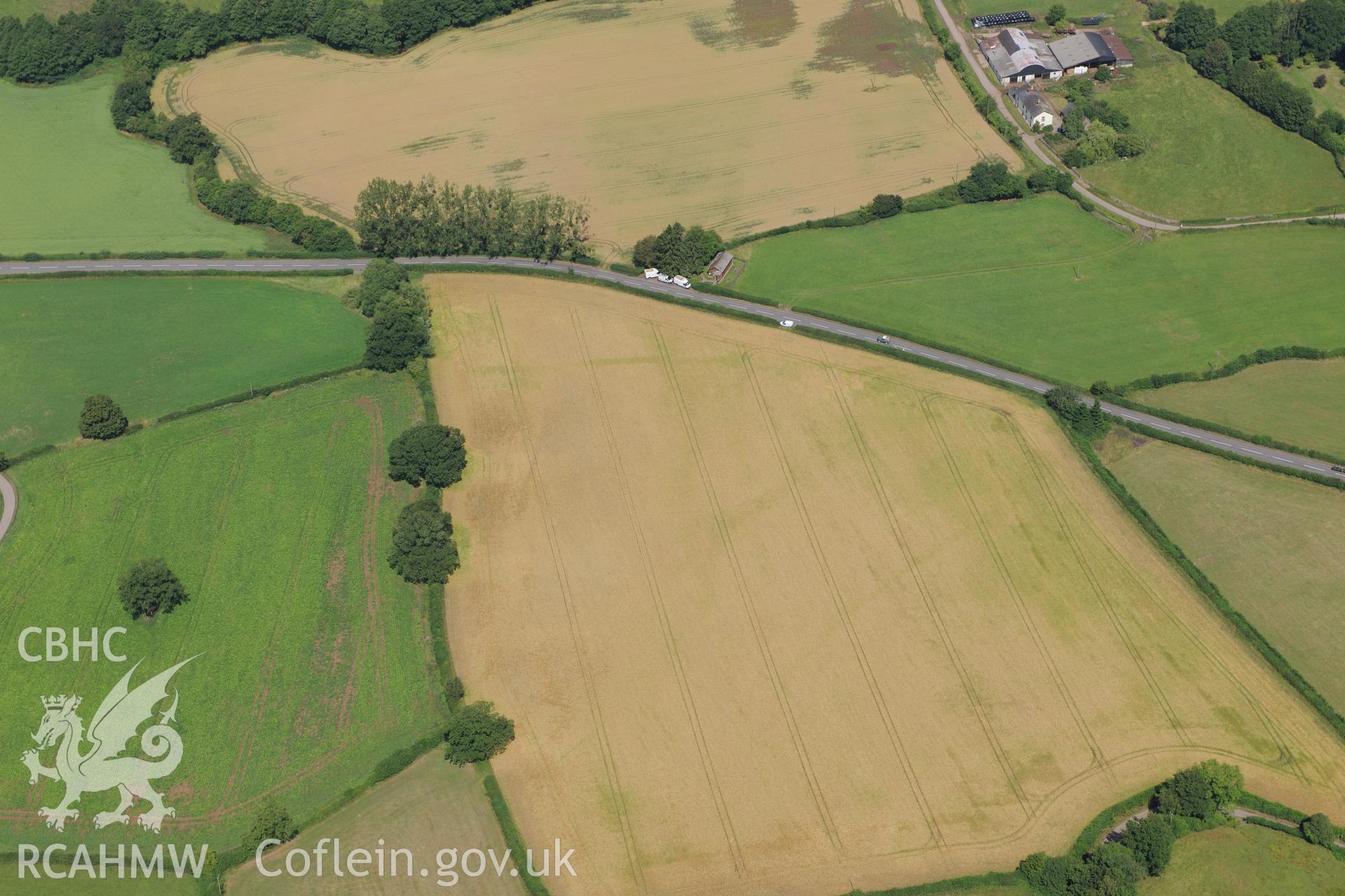Cropmark just to the west of Skenfrith, north west of Monmouth. Oblique aerial photograph taken during the Royal Commission?s programme of archaeological aerial reconnaissance by Toby Driver on the 1st August 2013.