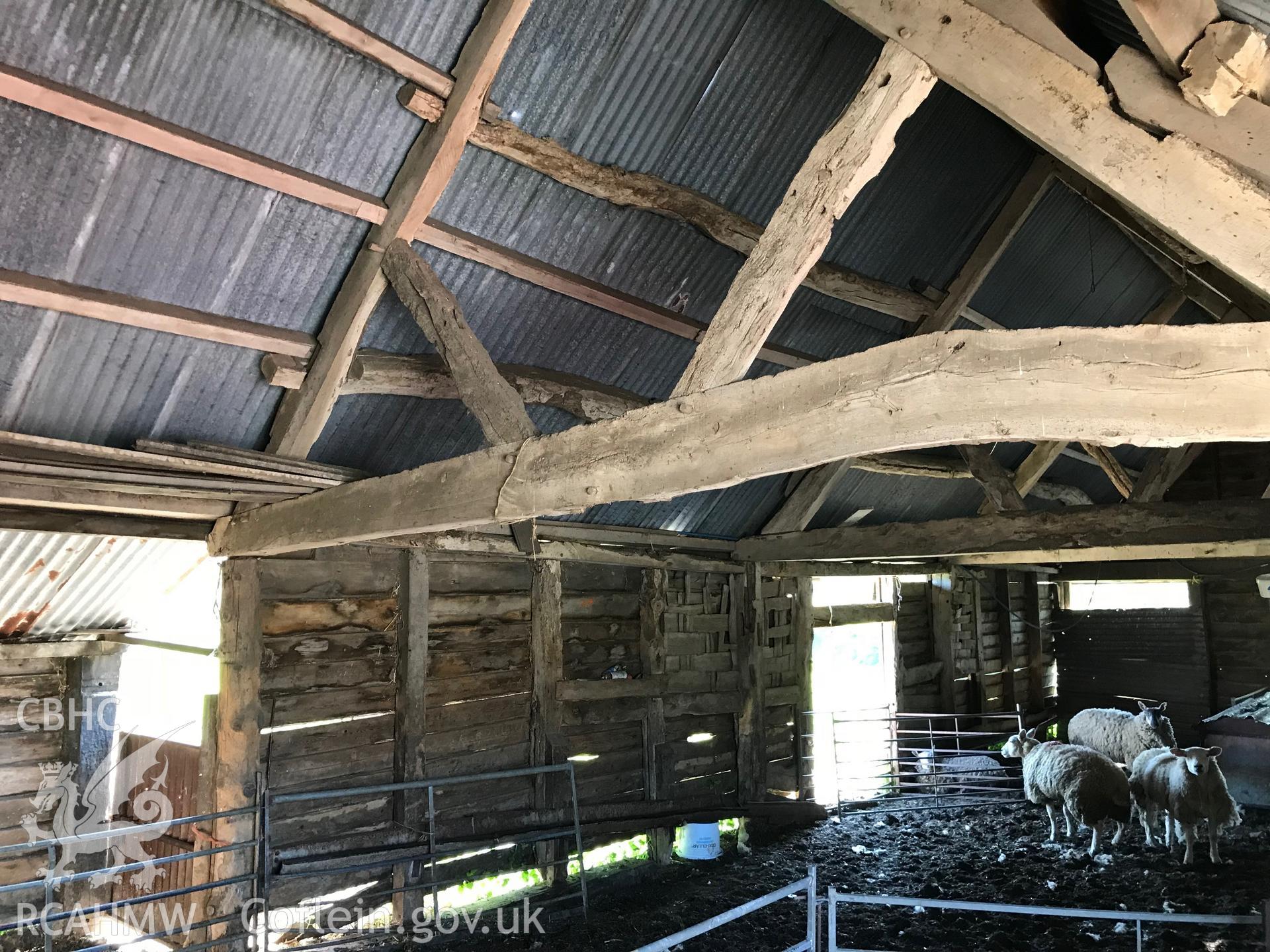 Colour photo showing interior view of Church Farm barn, Llanbadarn Fawr (Powys), taken by Paul R. Davis, 19th May 2018.
