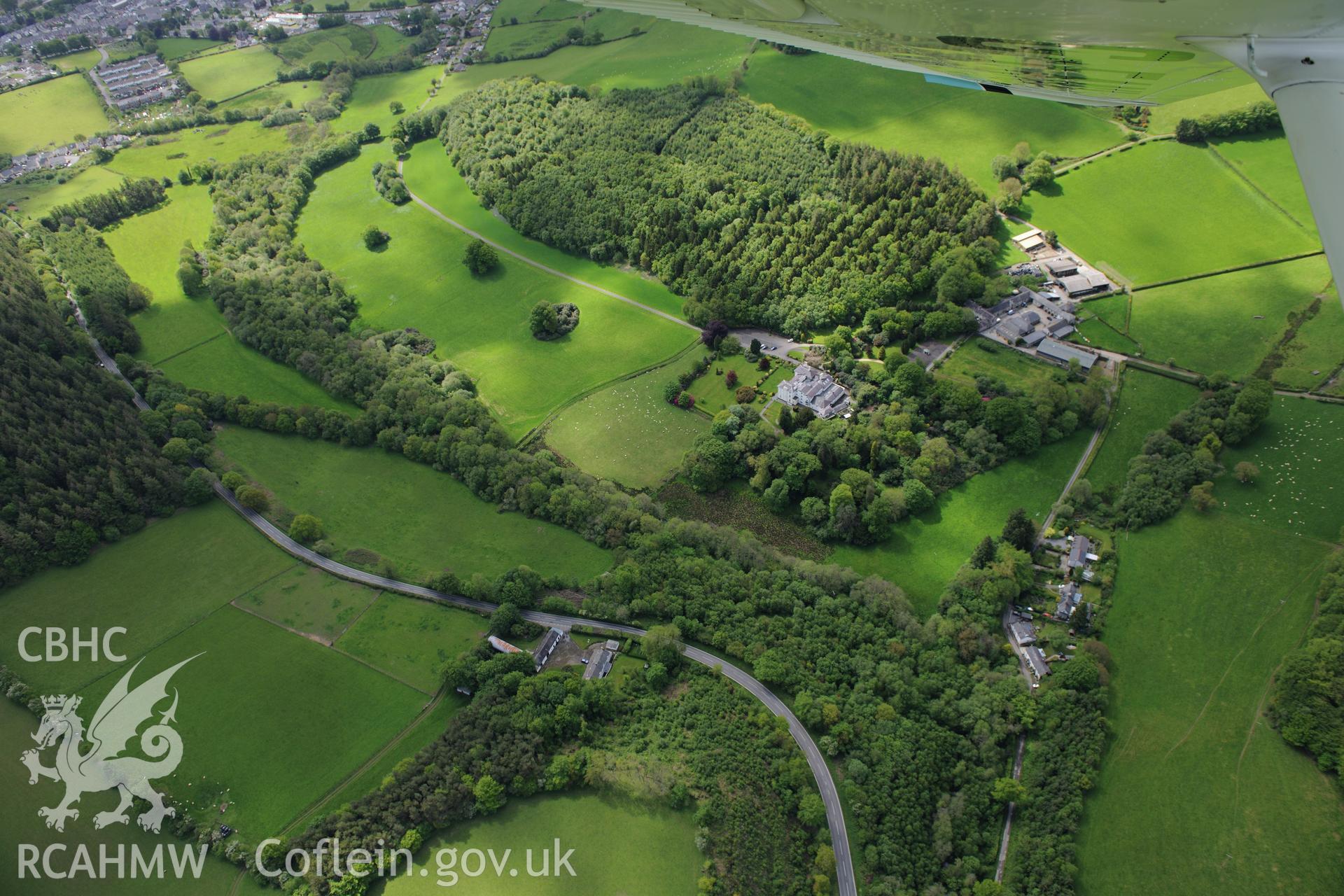 Falcondale Mansion, Garden, Home Farm and Coach House, Lampeter. Oblique aerial photograph taken during the Royal Commission's programme of archaeological aerial reconnaissance by Toby Driver on 3rd June 2015.
