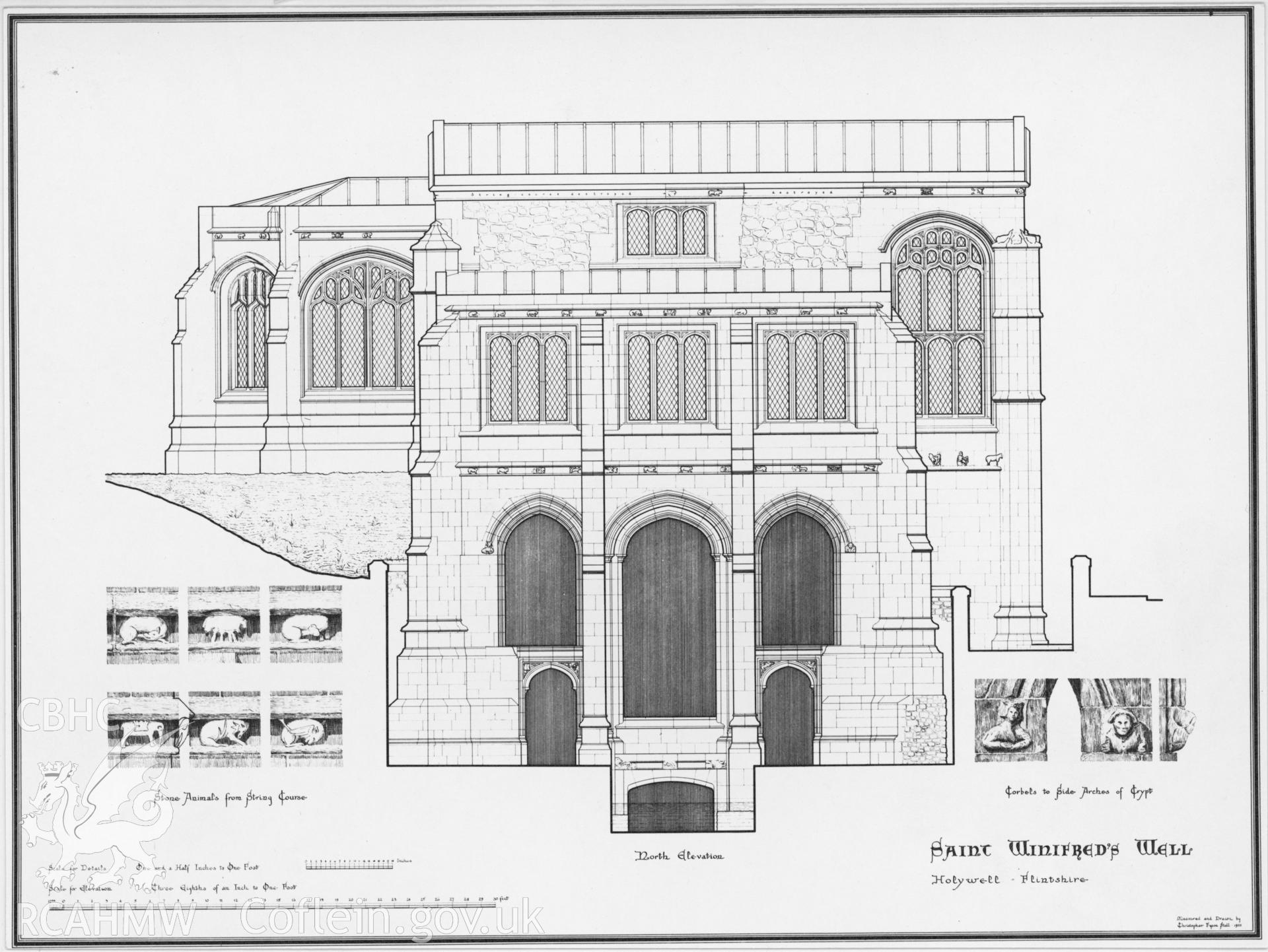 Digital copy of an elevation drawing of the north side of St Winifrede's Well.