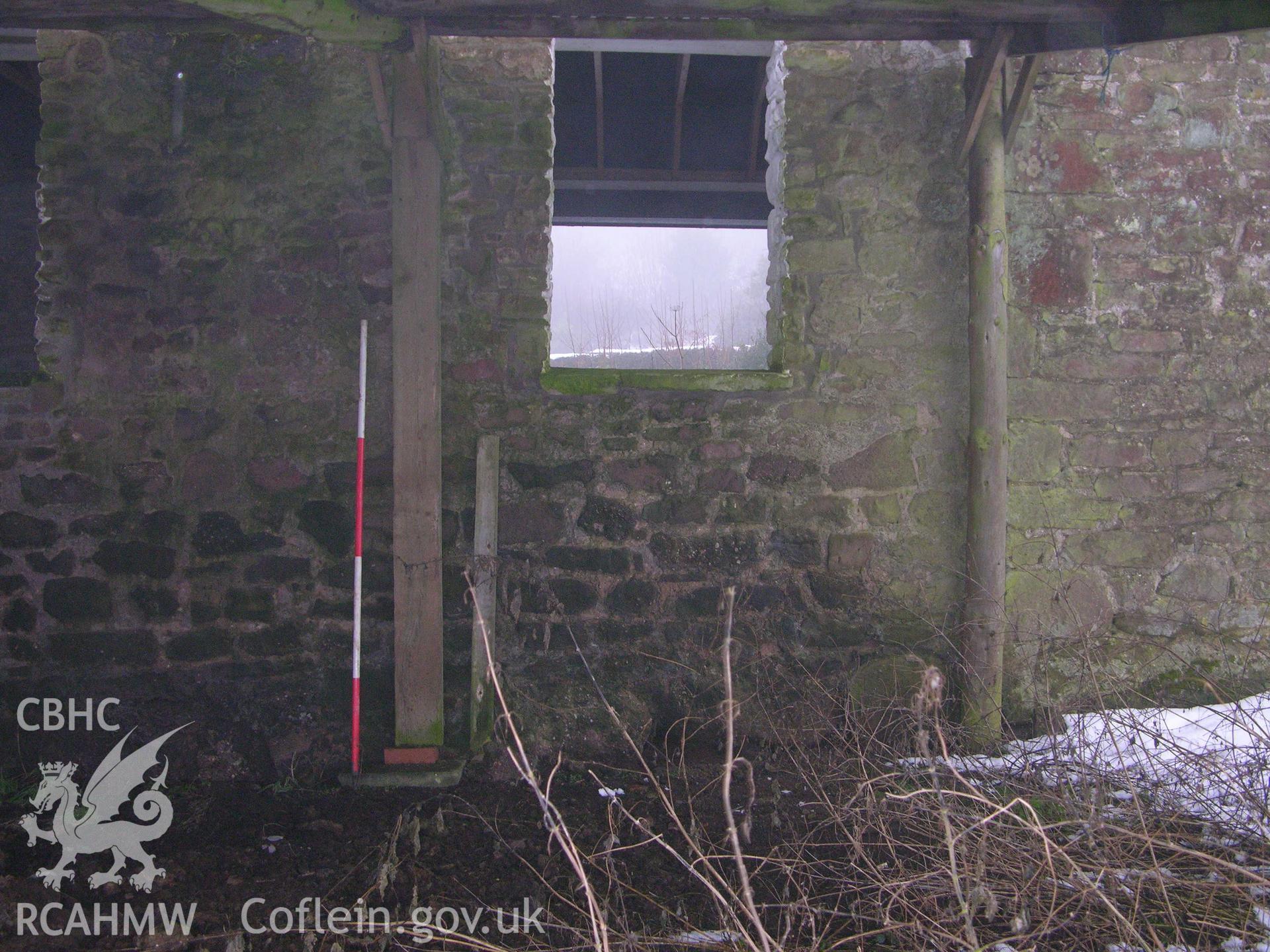 Digital photograph of an interior barn wall, from an Archaeological Building Recording of Hillside Barn, Llanvaches, Monmouthshire, which was conducted by Cambrian Archaeological Projects.