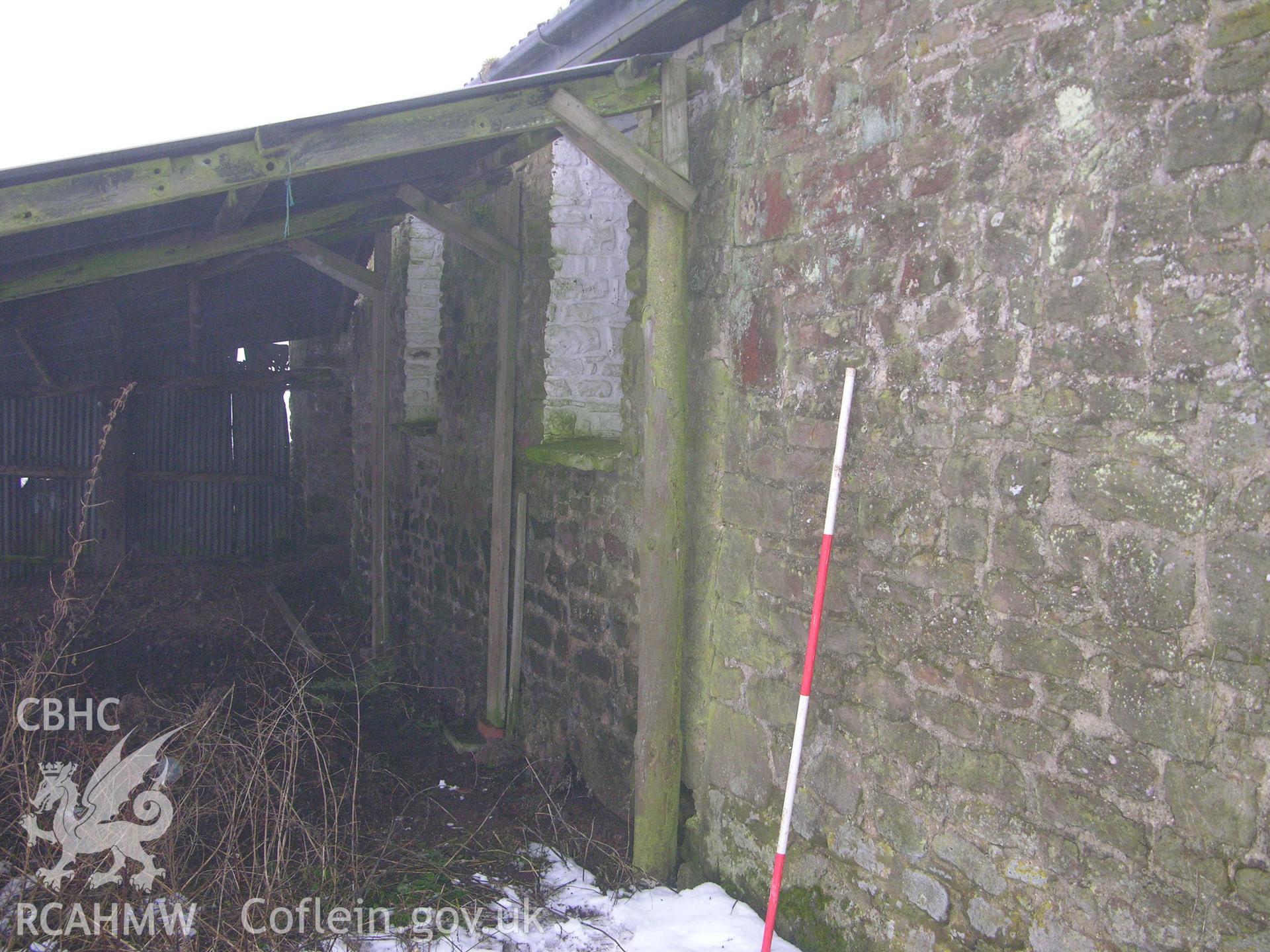 Digital photograph of an exterior barn wall, from an Archaeological Building Recording of Hillside Barn, Llanvaches, Monmouthshire, which was conducted by Cambrian Archaeological Projects.