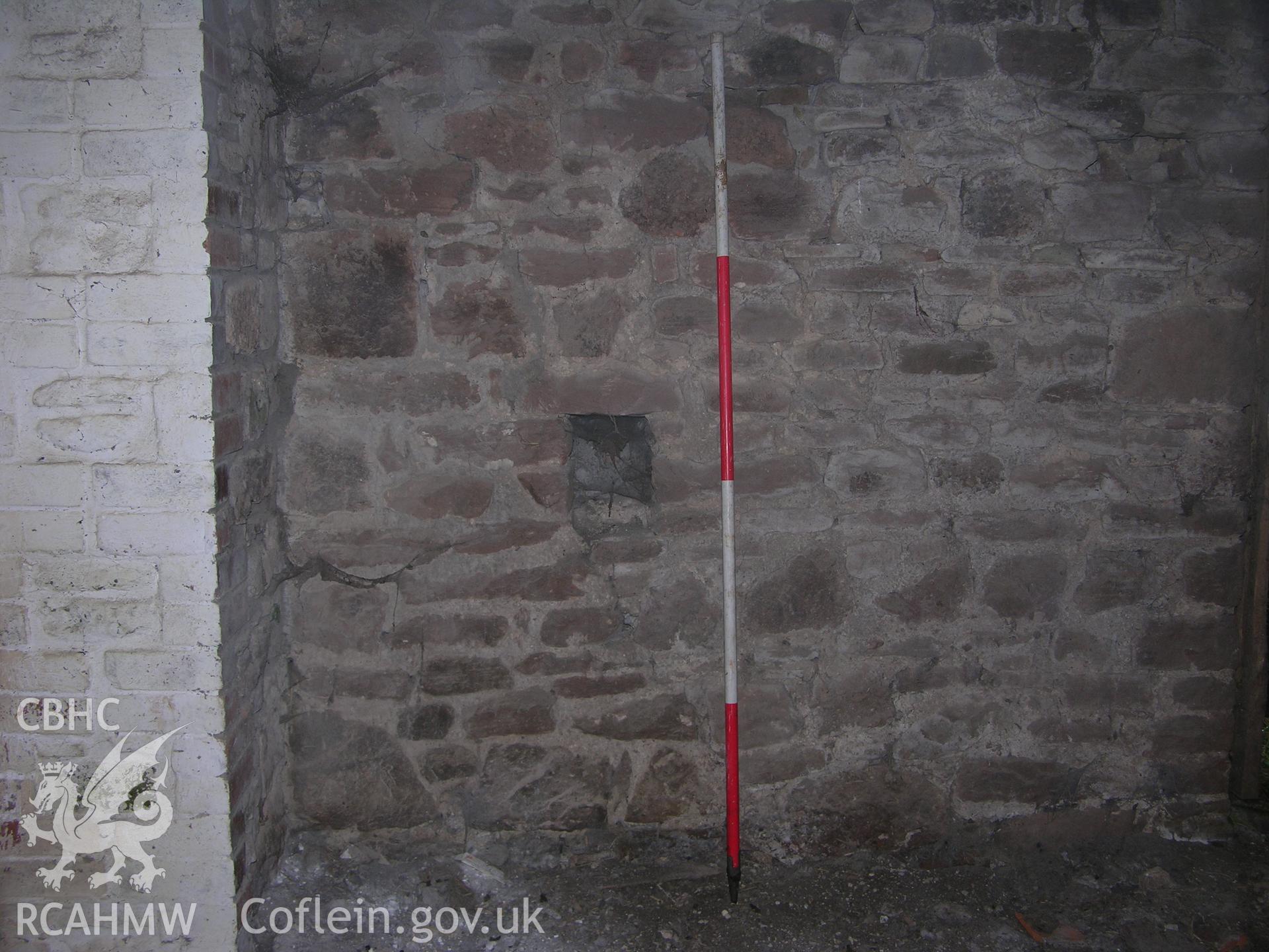 Digital photograph detailing an interior wall, from an Archaeological Building Recording of Hillside Barn, Llanvaches, Monmouthshire, which was conducted by Cambrian Archaeological Projects.