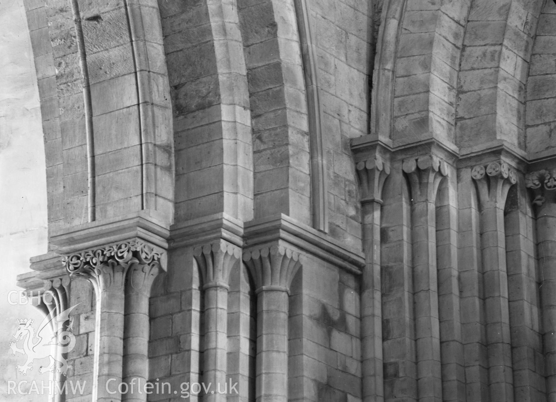 Digital copy of a black and white nitrate negative showing detail of capital at St. David's Cathedral, taken by E.W. Lovegrove, July 1936.