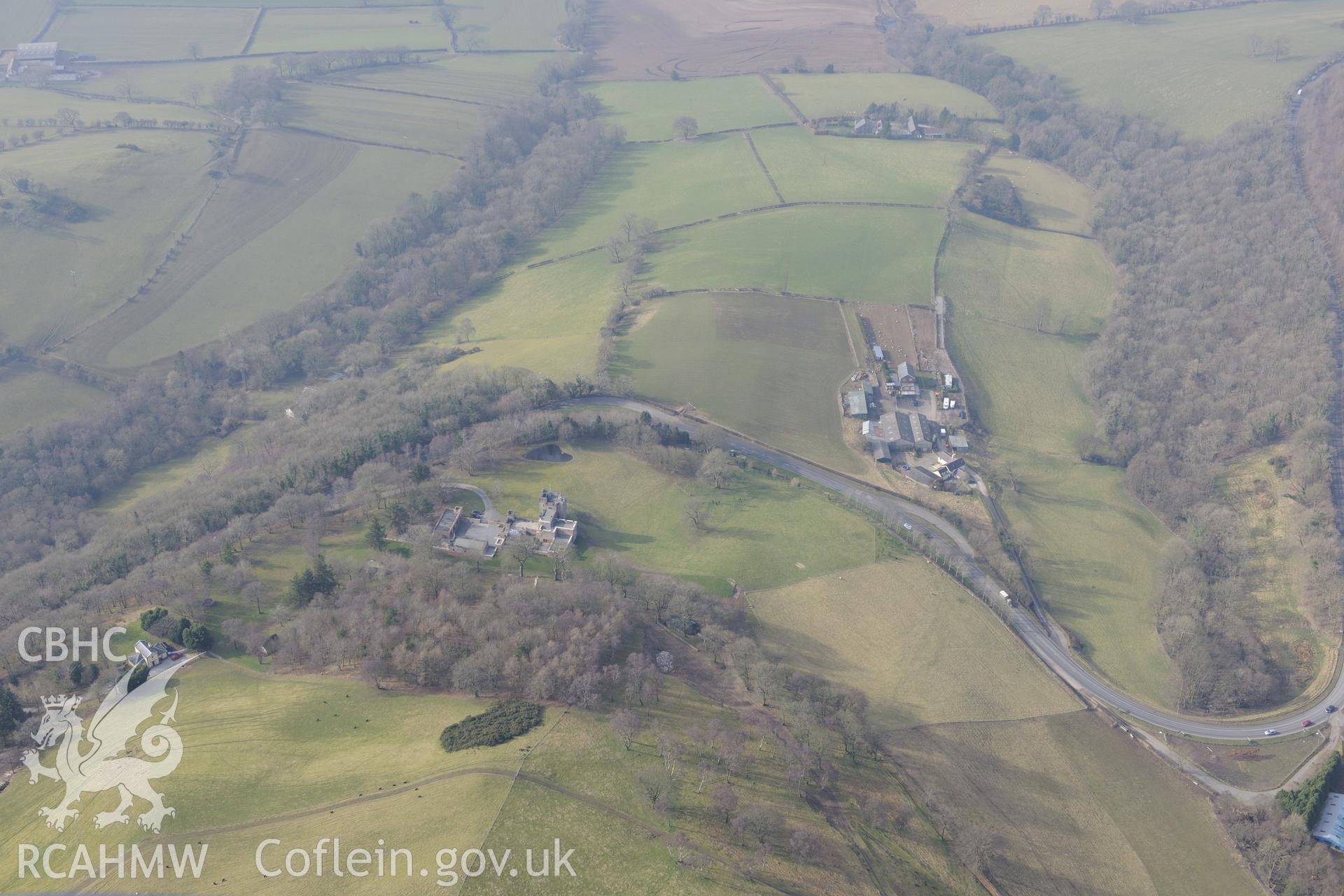 The Clwyd Gate restaurant and roadhouse, and Castell Gyrn house, Llanbedr. Oblique aerial photograph taken during the Royal Commission?s programme of archaeological aerial reconnaissance by Toby Driver on 28th February 2013.