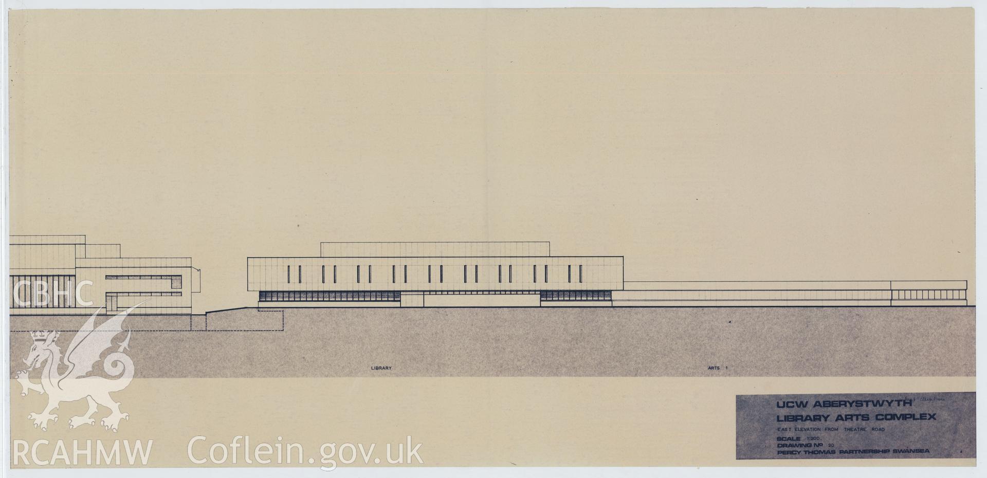 Digital copy of Drawing No 20, east elevation from theatre road at the proposed Library Arts Complex at University College Aberystwyth, produced by Percy Thomas Partnership. Scale 1:200.