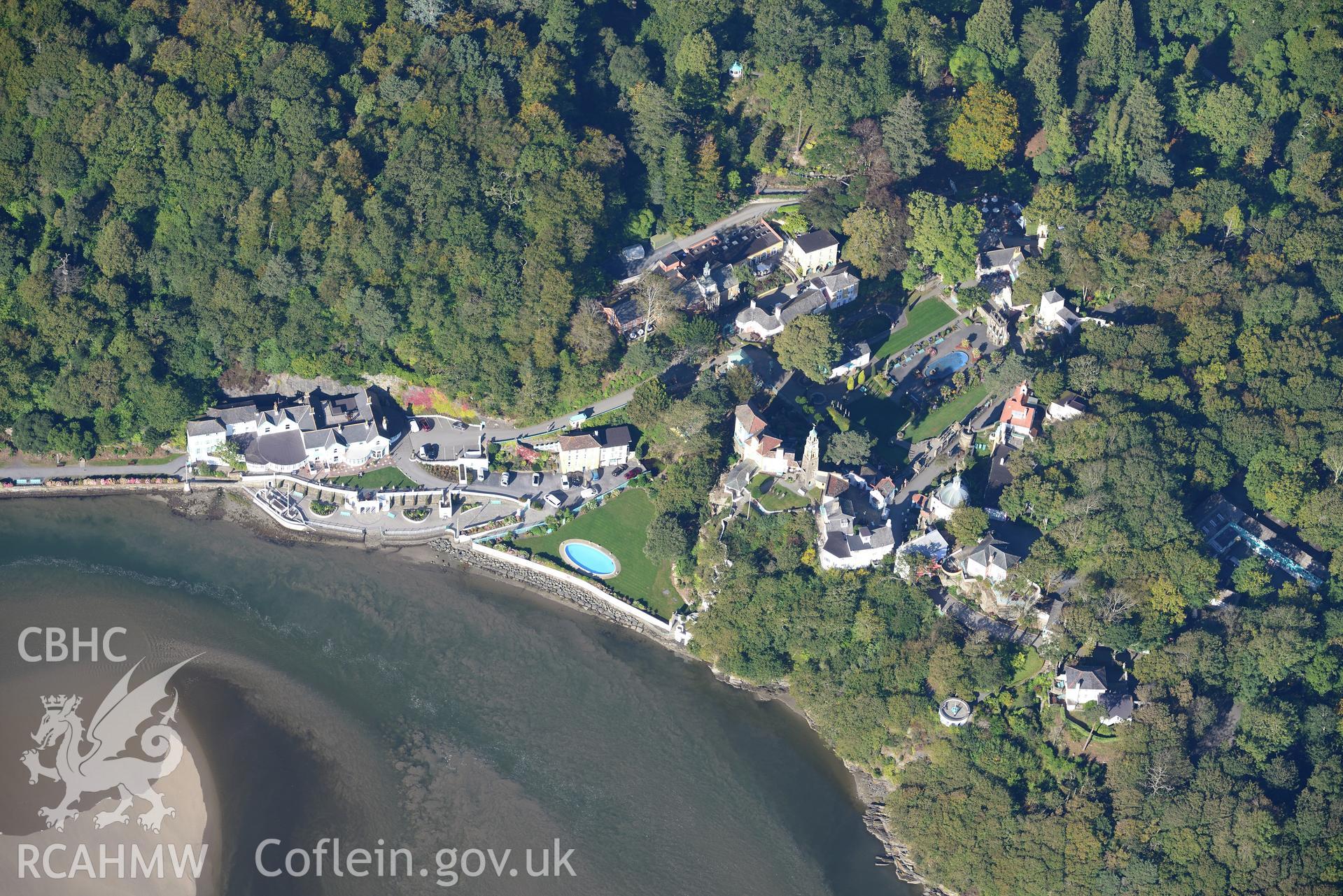 Aber Ia Mansion, now the Portmeirion Hotel, Portmeirion, south of Porthmadog. Oblique aerial photograph taken during the Royal Commission's programme of archaeological aerial reconnaissance by Toby Driver on 2nd October 2015.