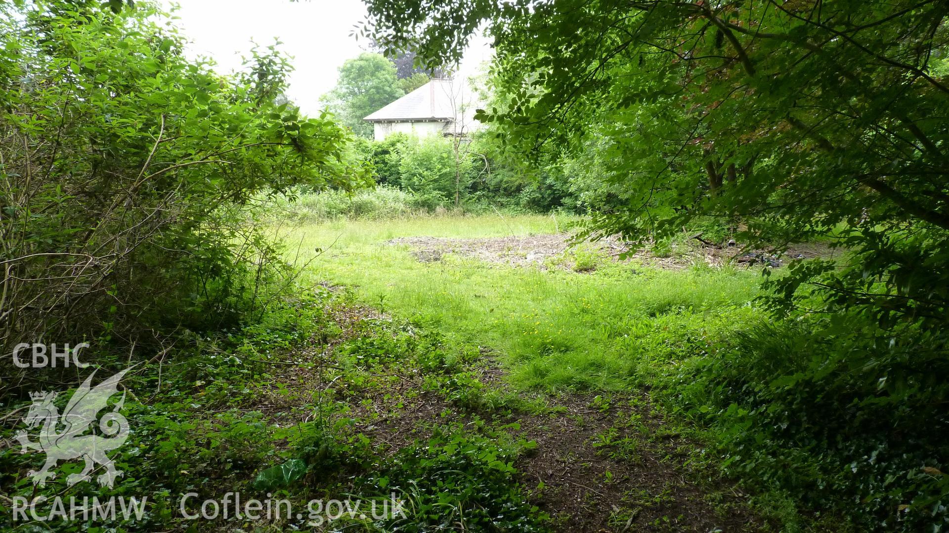 'View southeast into the central area of the walled kitchen garden, illustrating the overgrown nature of the site.' Photographed as part of archaeological work at Coed Parc, Newcastle, Bridgend, carried out by Archaeology Wales, 2016. Project no. P2432.