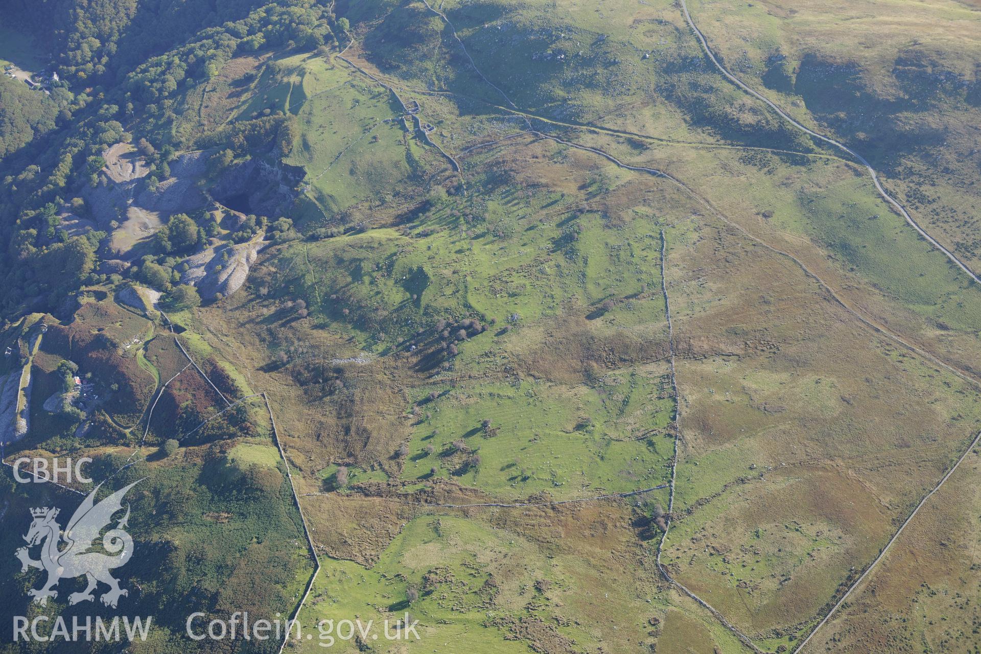 Hen-ddol and Goleuwern slate quarries, near Fairbourne. Oblique aerial photograph taken during the Royal Commission's programme of archaeological aerial reconnaissance by Toby Driver on 2nd October 2015.