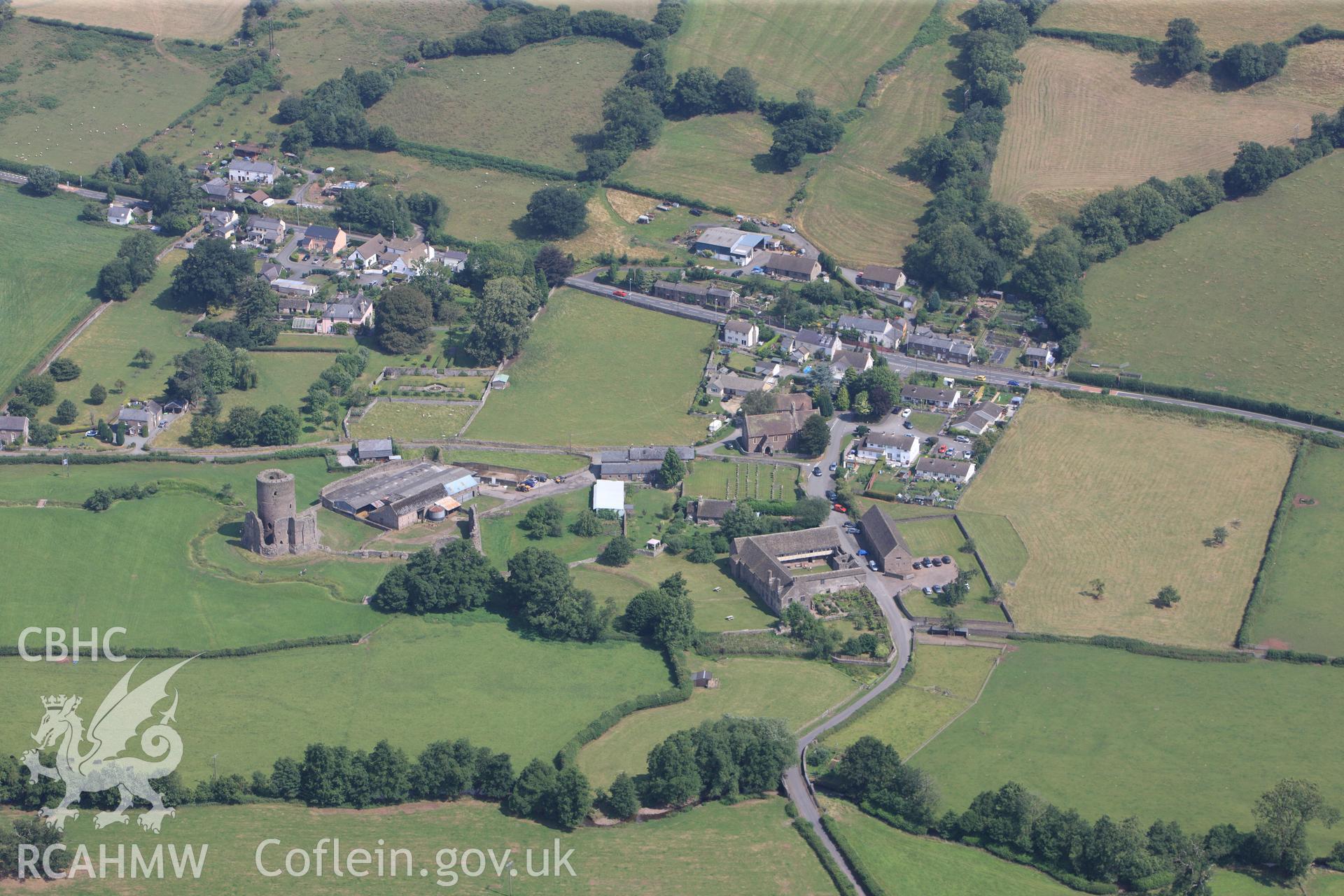 St. John's church; Tretower Shrunken Settlement; Tretower Castle, Court and Court Barn and Ty Llys Farm, Tretower, between Abergavenny and Brecon. Oblique aerial photograph taken during Royal Commission?s programme of archaeological aerial reconnaissance