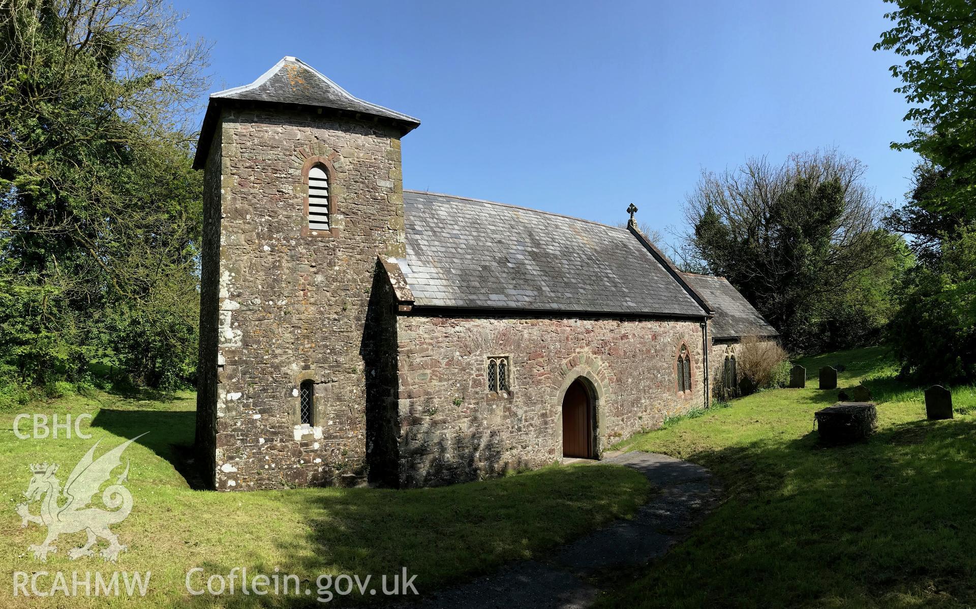 Colour photo showing external view of the church of St. Odoceus and St. Margaret Marlos, Llandawke, taken by Paul R. Davis, 6th May 2018.