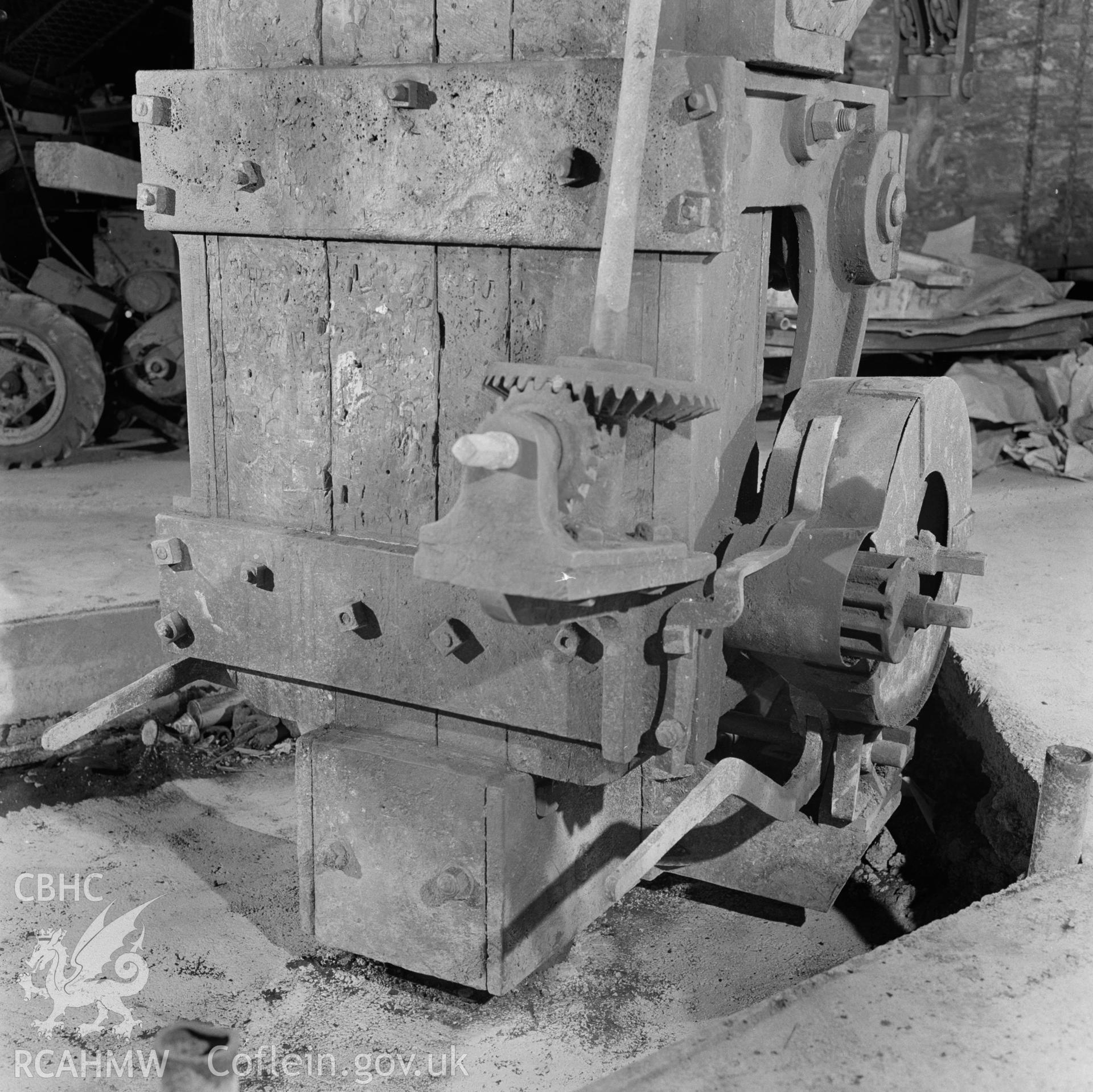 Digital copy of a black and white negative showing detail of the crane at Player's Works Foundry, Clydach, taken by RCAHMW, undated