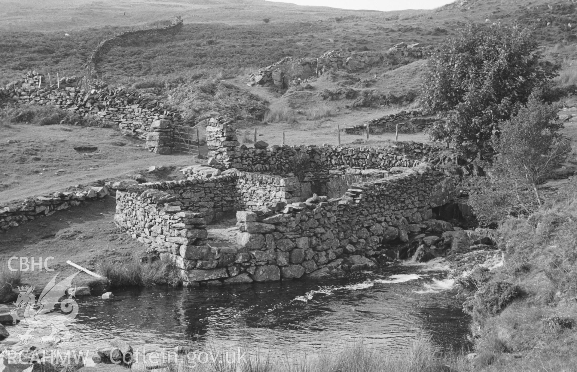 Digital copy of a black and white negative showing stone sheepfolds in Cwm Bychan. Photographed in August 1963 by Arthur O. Chater.
