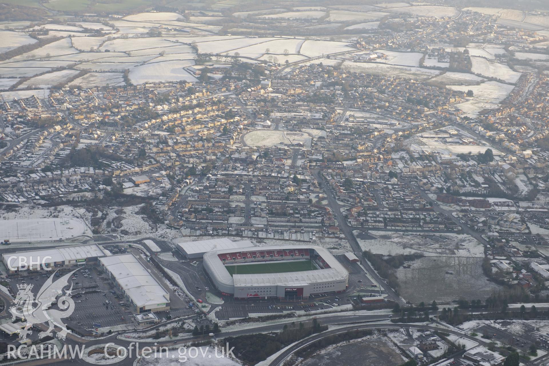 Parc-y-Scarlets stadium, Llanelli. Oblique aerial photograph taken during the Royal Commission?s programme of archaeological aerial reconnaissance by Toby Driver on 24th January 2013.