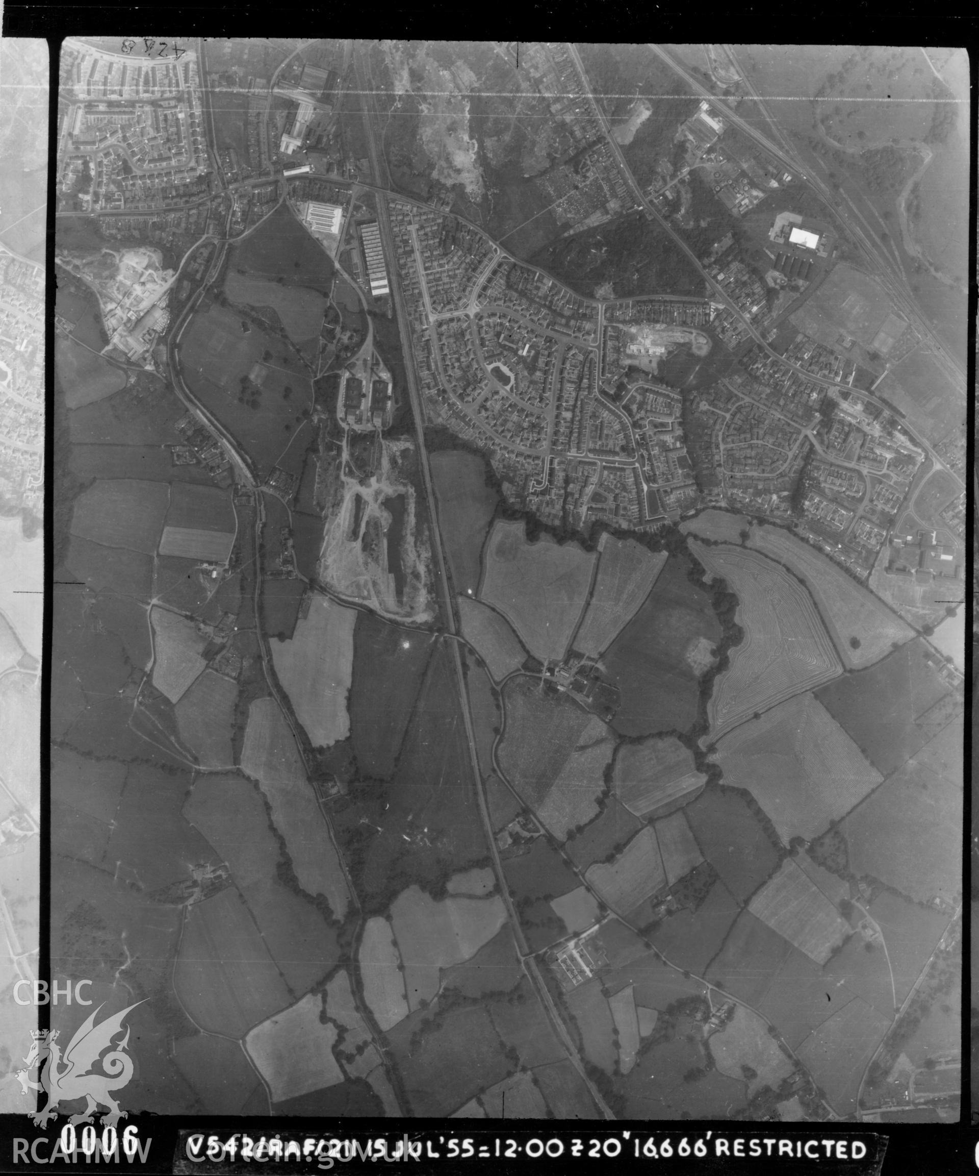 Aerial photograph of Cwmbran, taken on 15th July 1955. Included as part of Archaeology Wales' desk based assessment of former Llantarnam Community Primary School, Croeswen, Oakfield, Cwmbran, conducted in 2017.