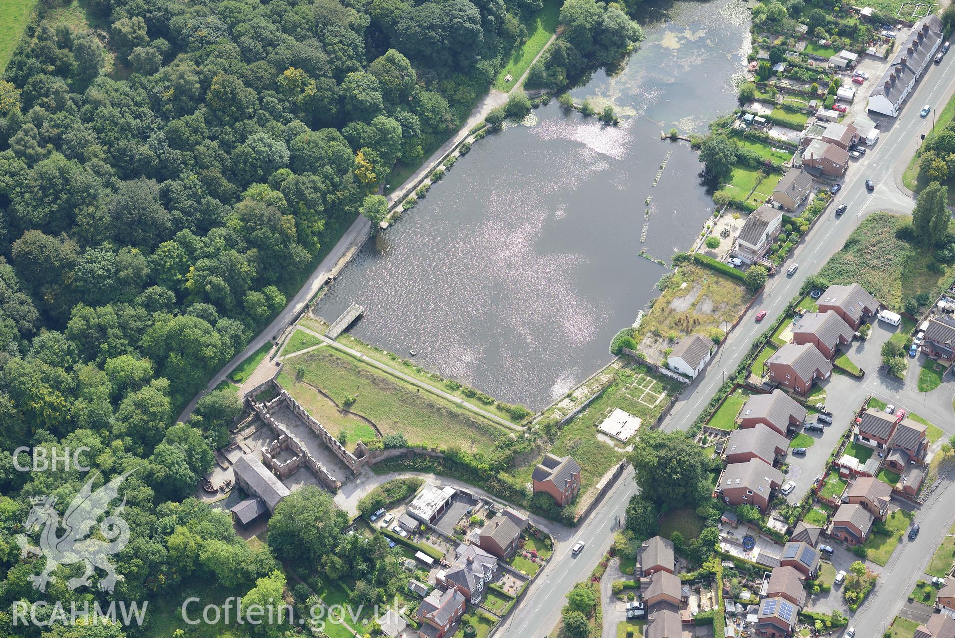 Lower Cotton Mill, Greenfield Valley Heritage Park, Holywell. Oblique aerial photograph taken during the Royal Commission's programme of archaeological aerial reconnaissance by Toby Driver on 11th September 2015.