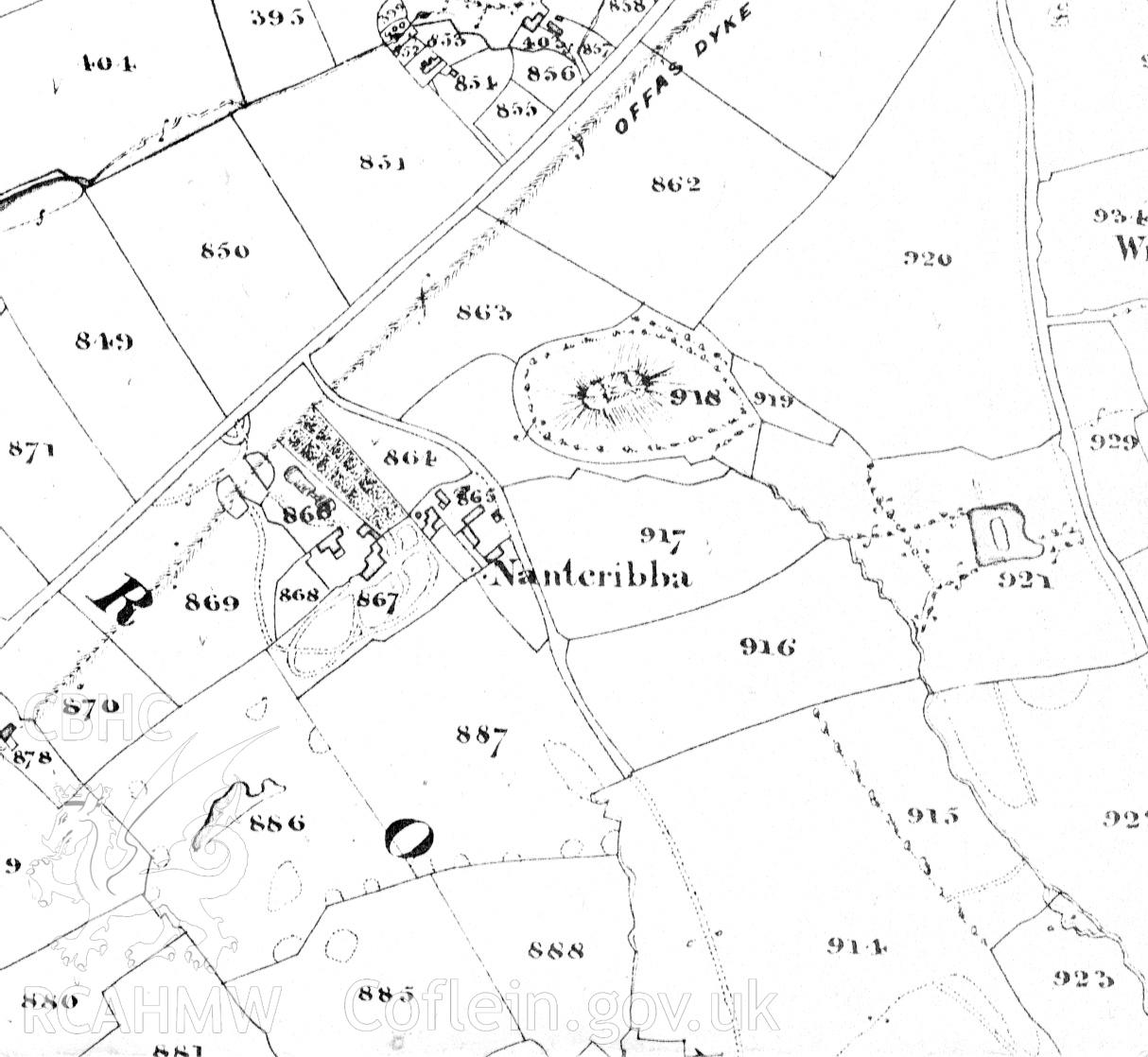 Tithe map showing Nantcribbau Farm, Forden, Powys. Used as part of archaeological desk based assessment and building recording of undertaken by Archaeology Wales in March 2013. Report no. 1108.