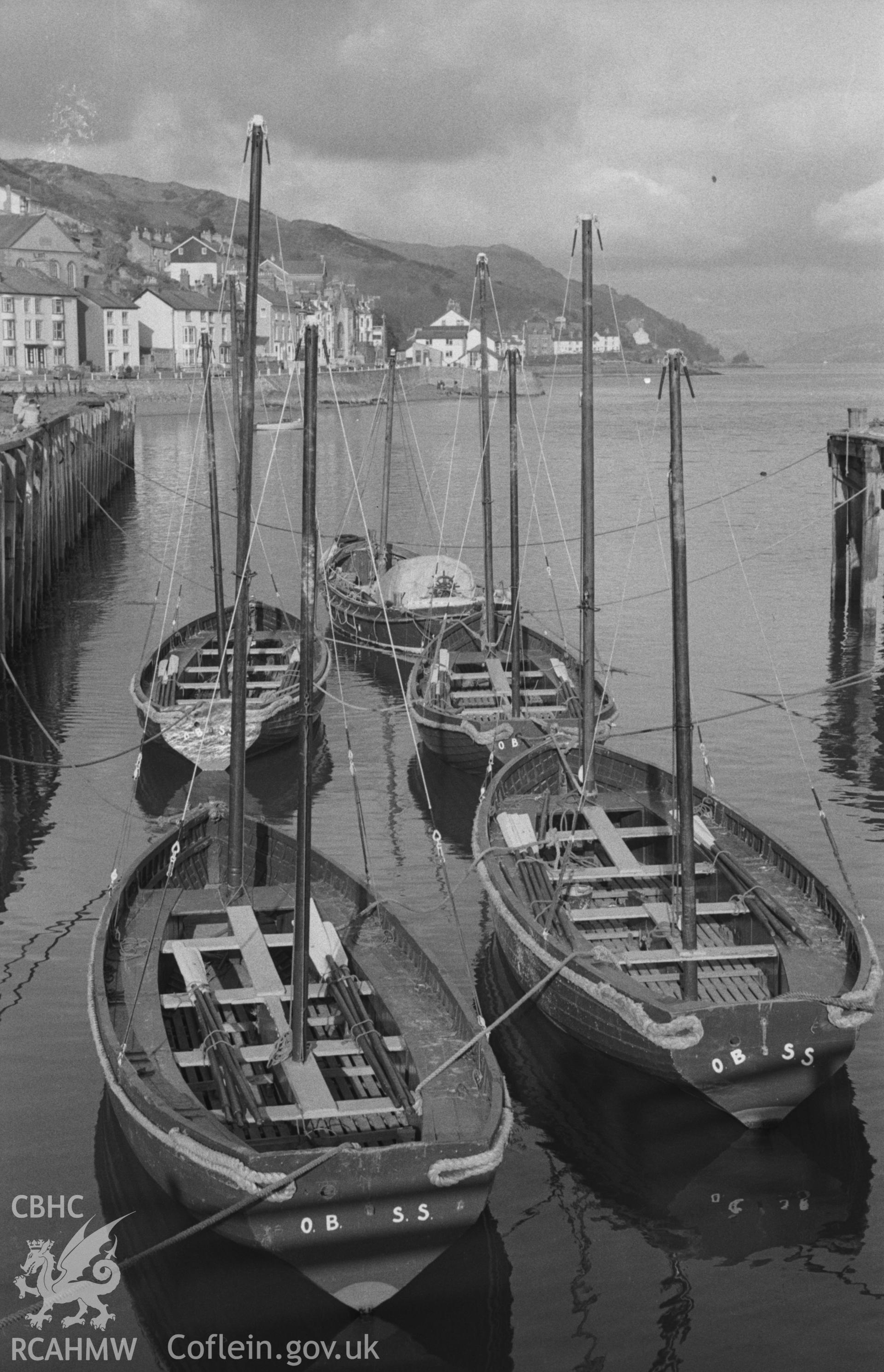 Digital copy of a black and white negative showing Outward Bound boats at Aberdovey. Photographed in April 1964 by Arthur O. Chater.