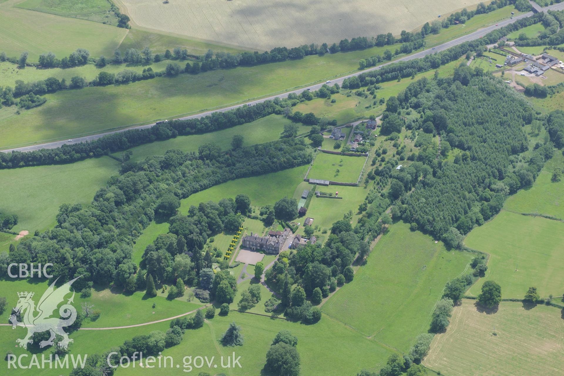 Cefn Tilla Court and Garden, Llandenny, near Usk. Oblique aerial photograph taken during the Royal Commission's programme of archaeological aerial reconnaissance by Toby Driver on 29th June 2015.