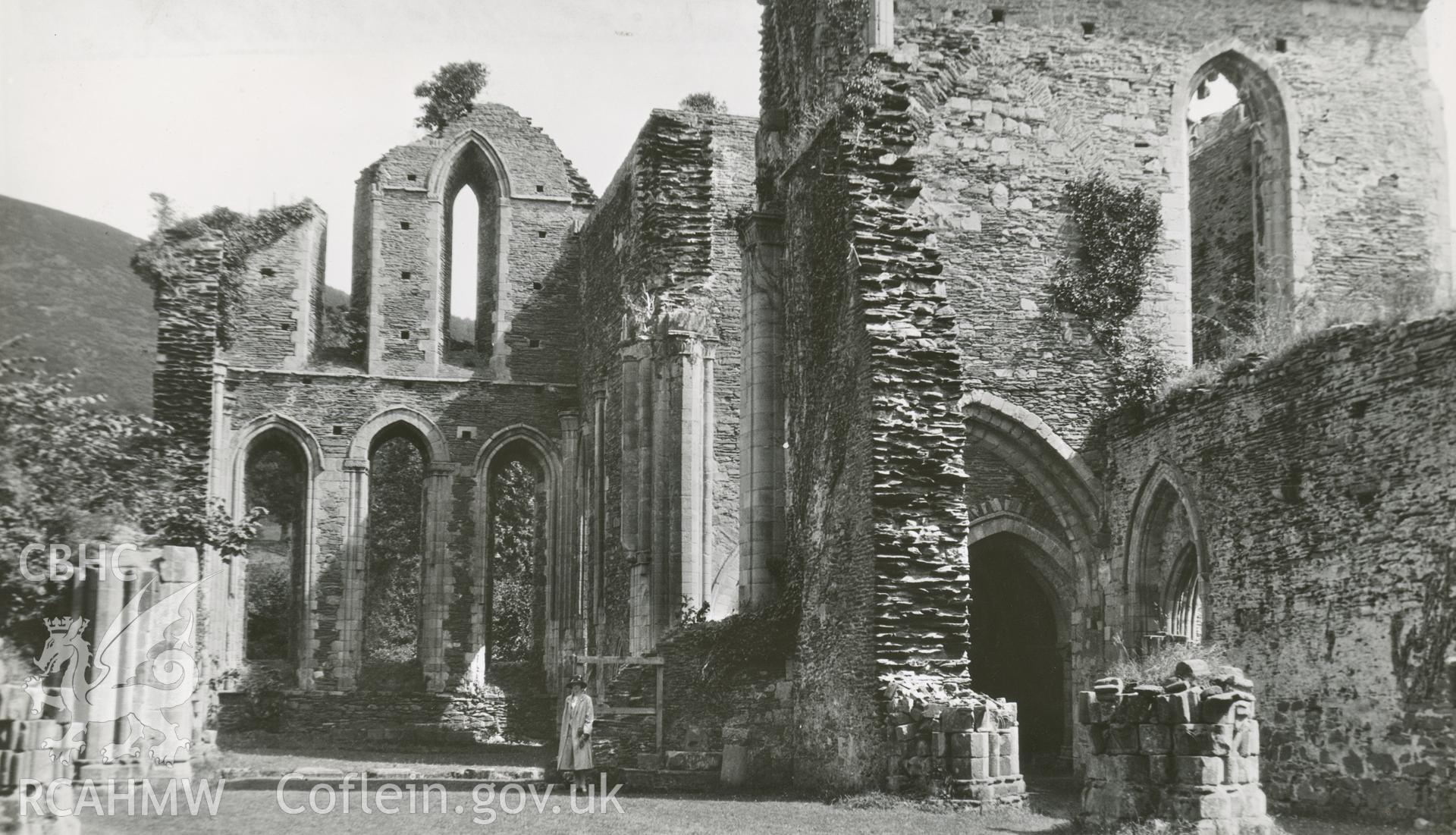 Digitised copy of a general view of Valle Crucis Abbey taken by E.M. Booty, c.1948.