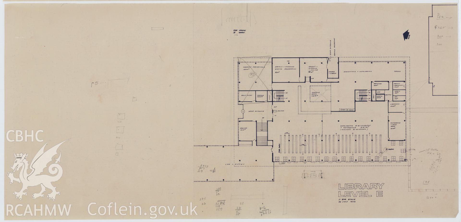 Digital copy of a plan showing Library Level E of the proposed Library Arts Complex at University College Aberystwyth, produced by Percy Thomas Partnership. Scale 1:200.